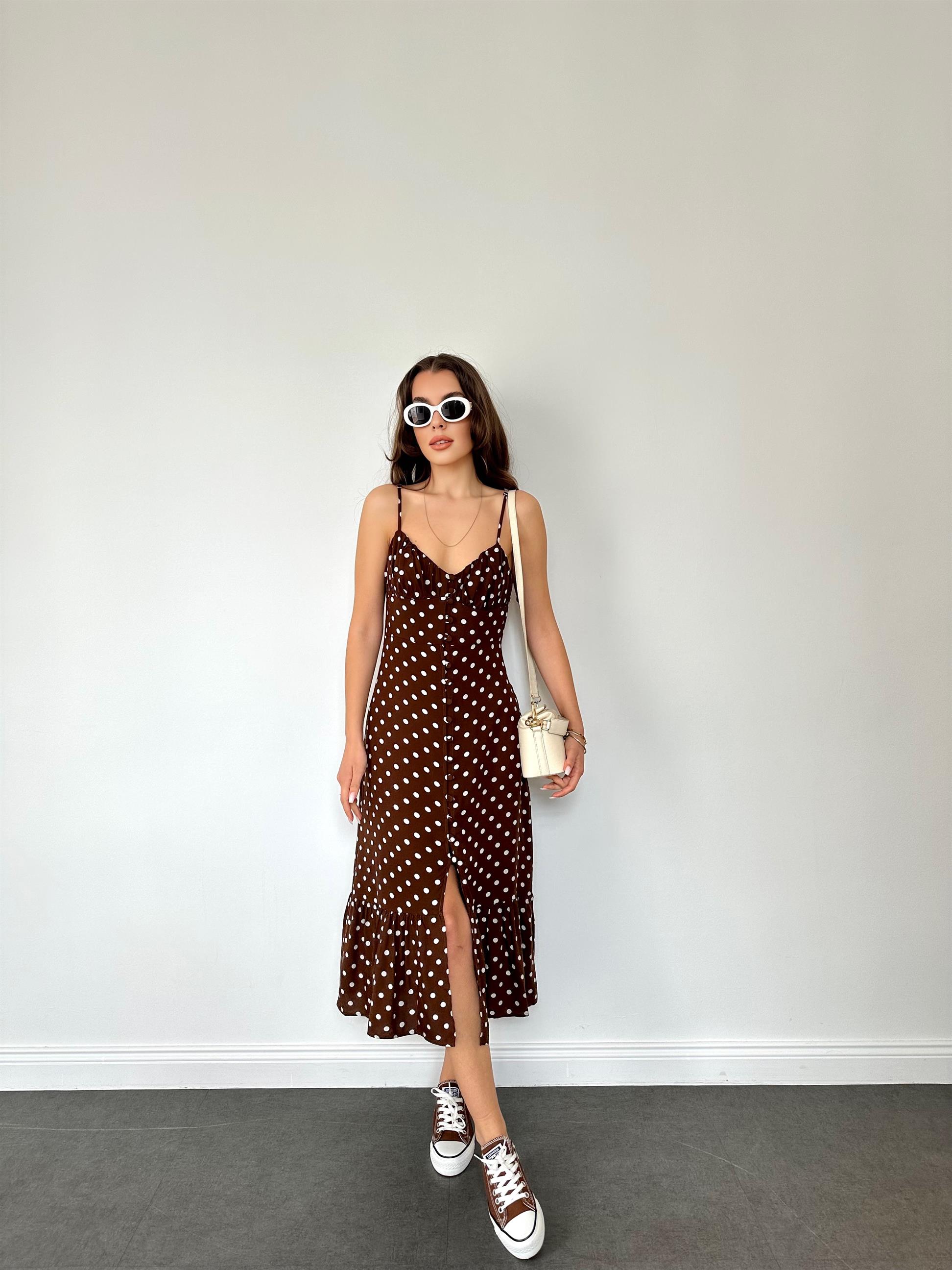 Kahve  Puantiyeli Askılı Elbise