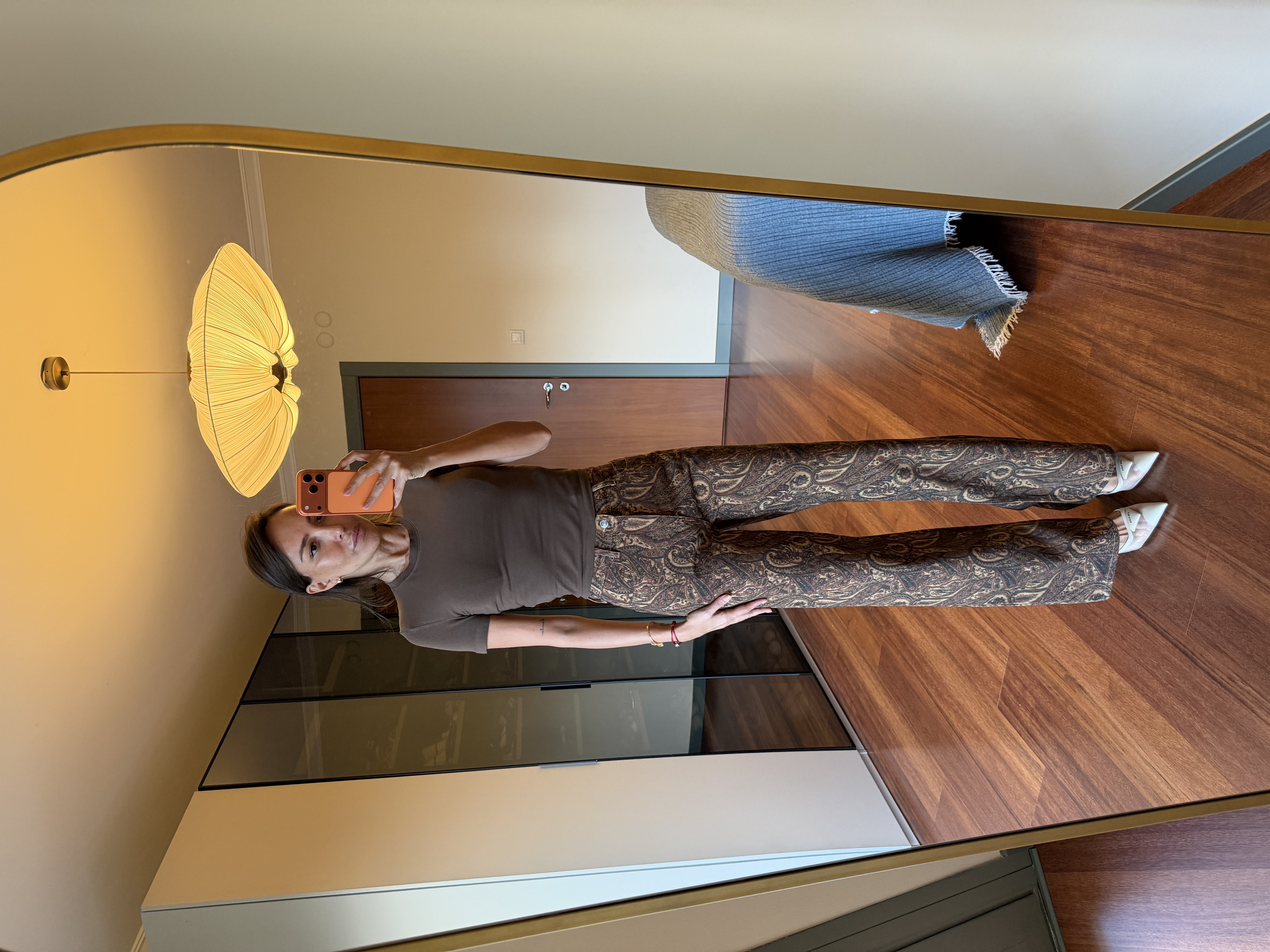 Kahve Şal Desen Wide Leg Jean Pantolon