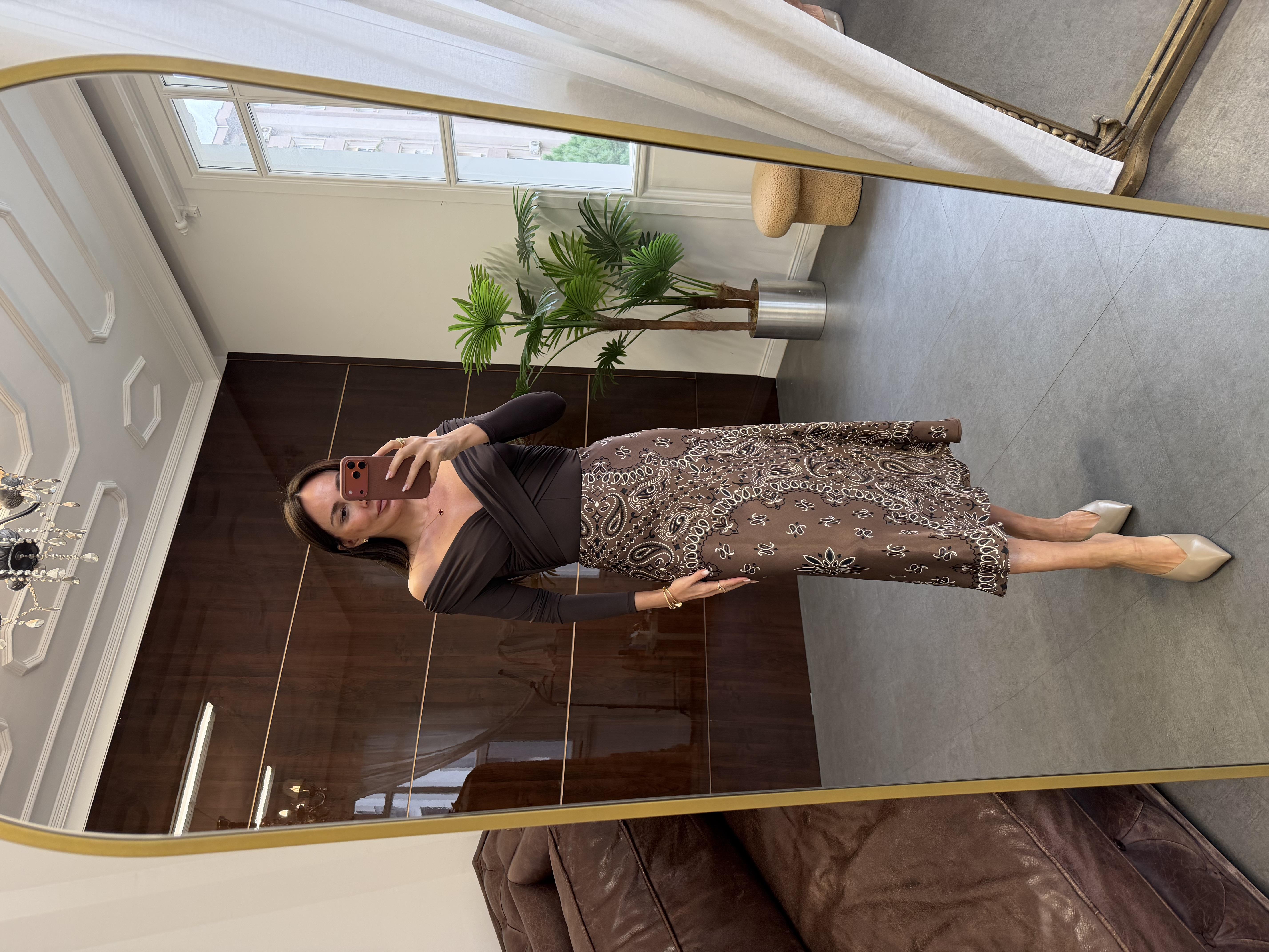 Kahve Şal Desenli Verev Etek