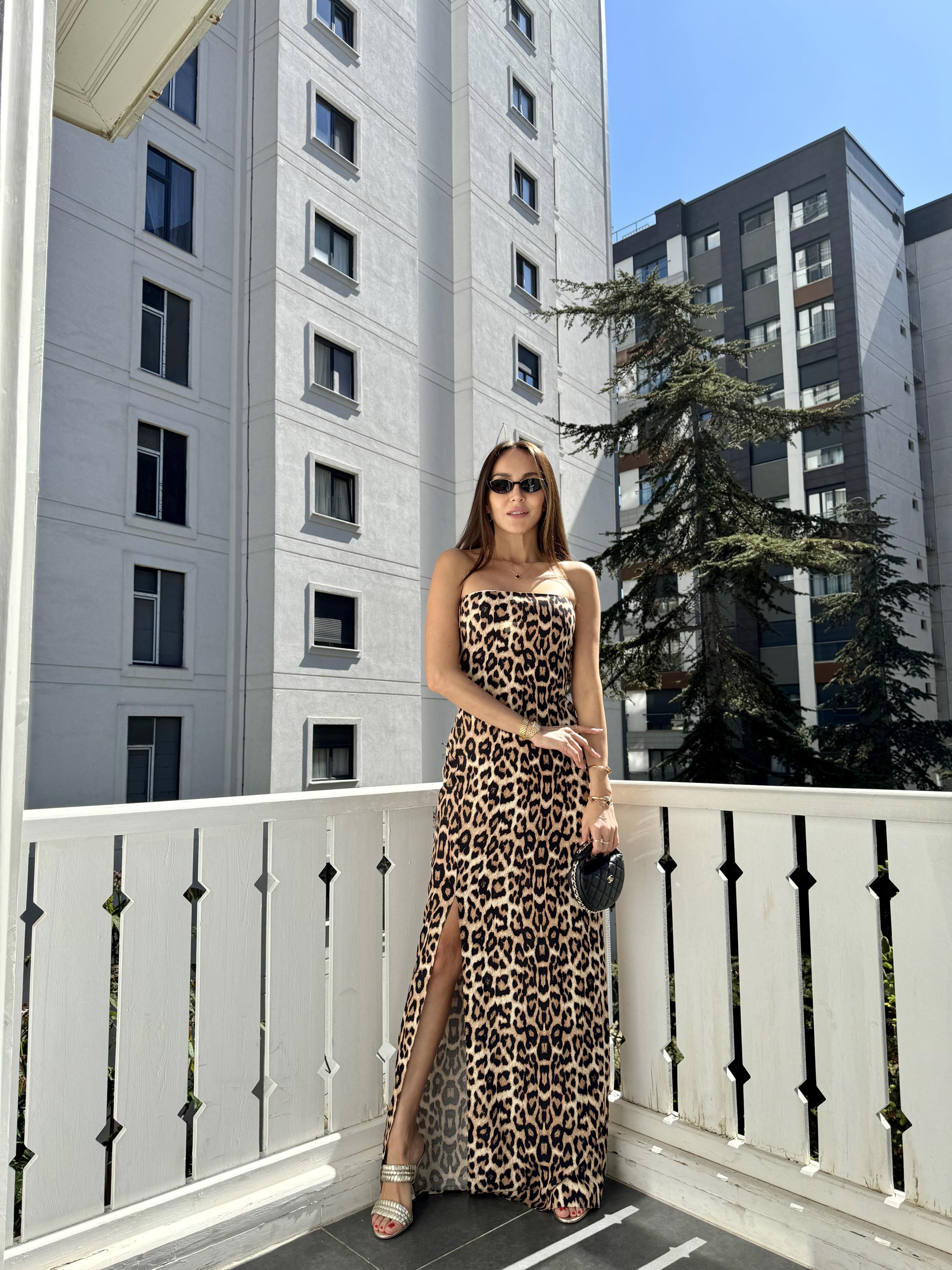 Kahve Straplez Leopar Maxi Elbise