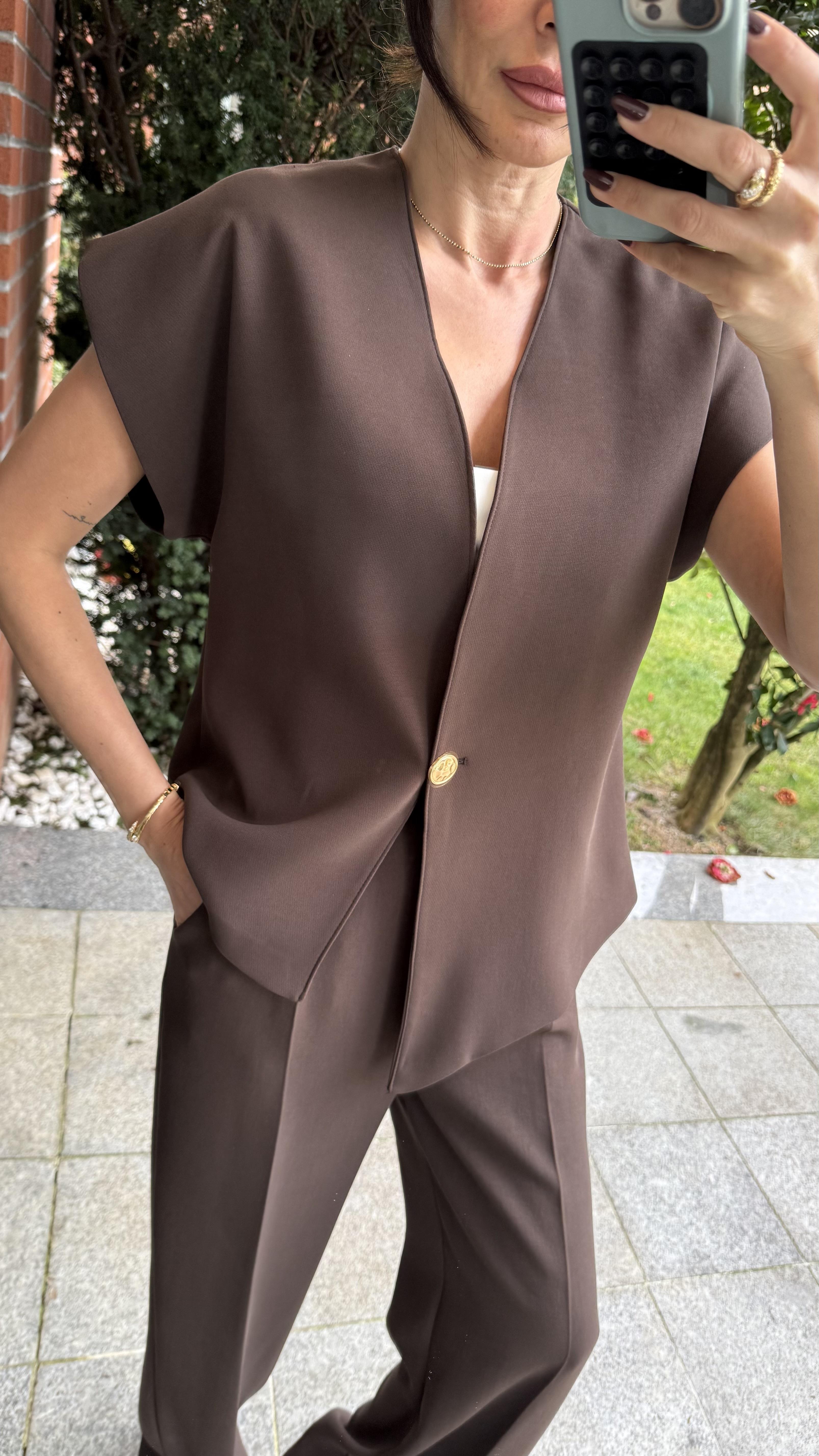 Kahve Tek Düğmeli Yelek Pantolon Takım