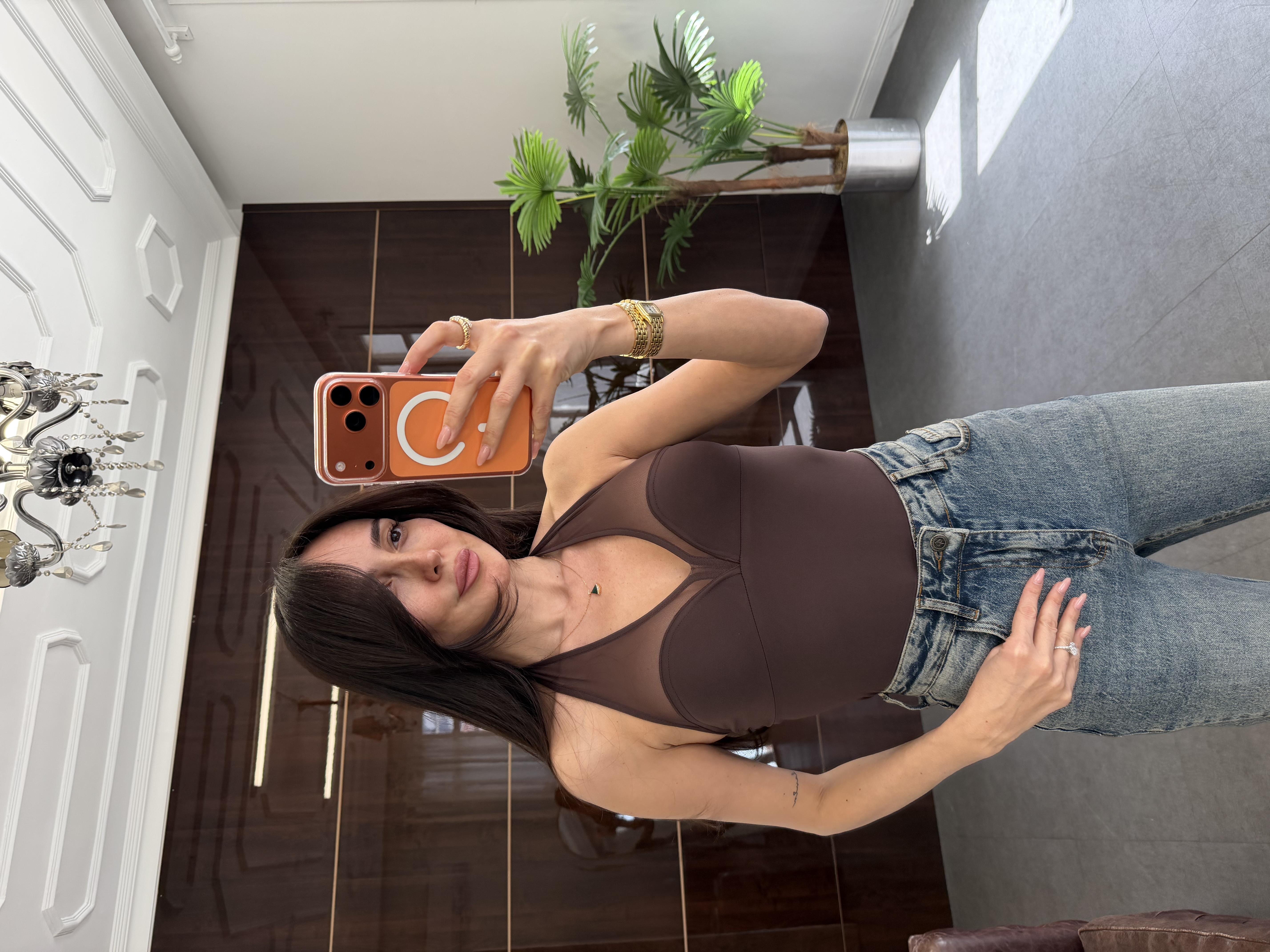 Kahve Tül Tasarımlı Bodysuit