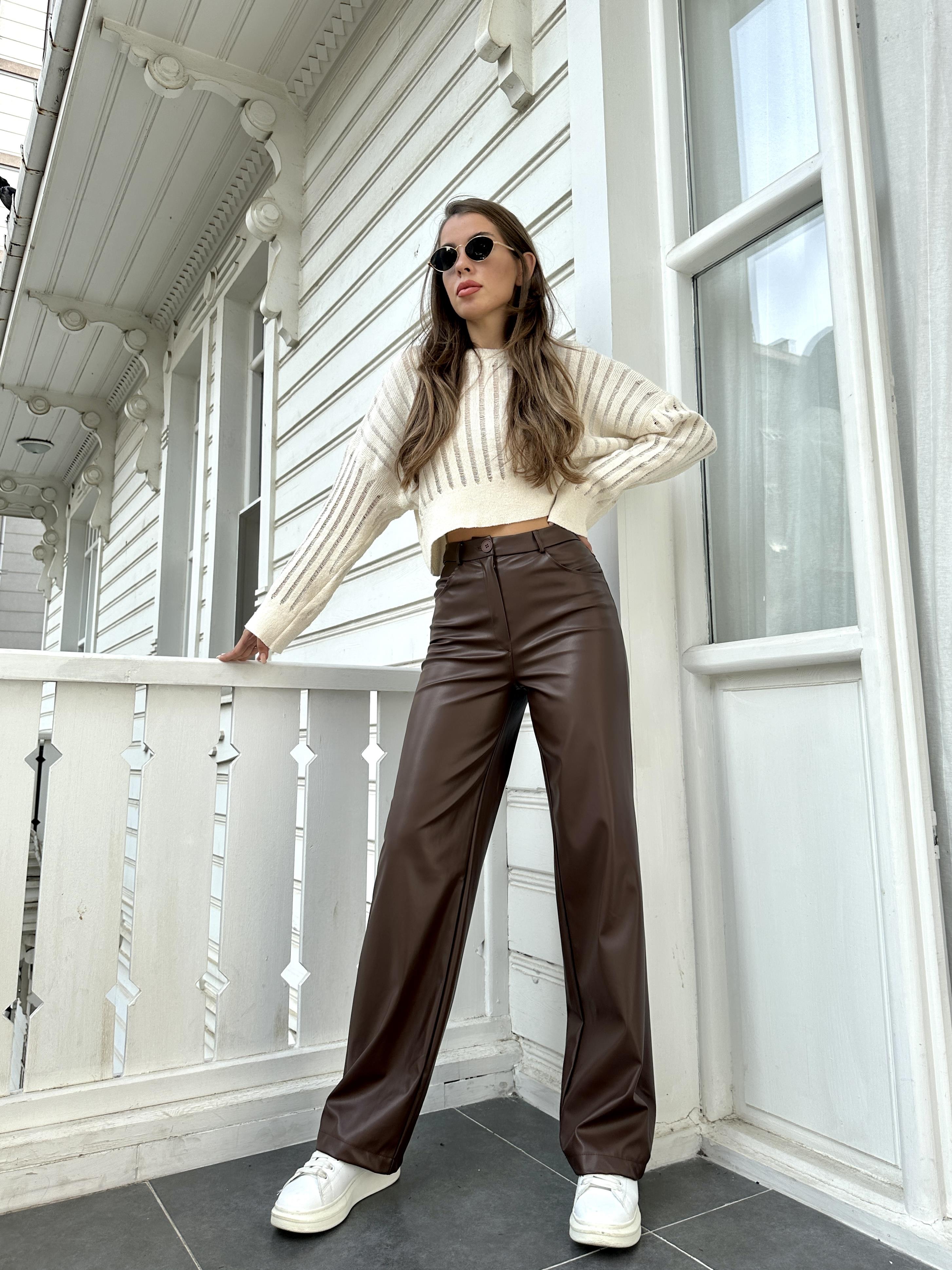 Kahve Wide-Leg Deri Pantolon