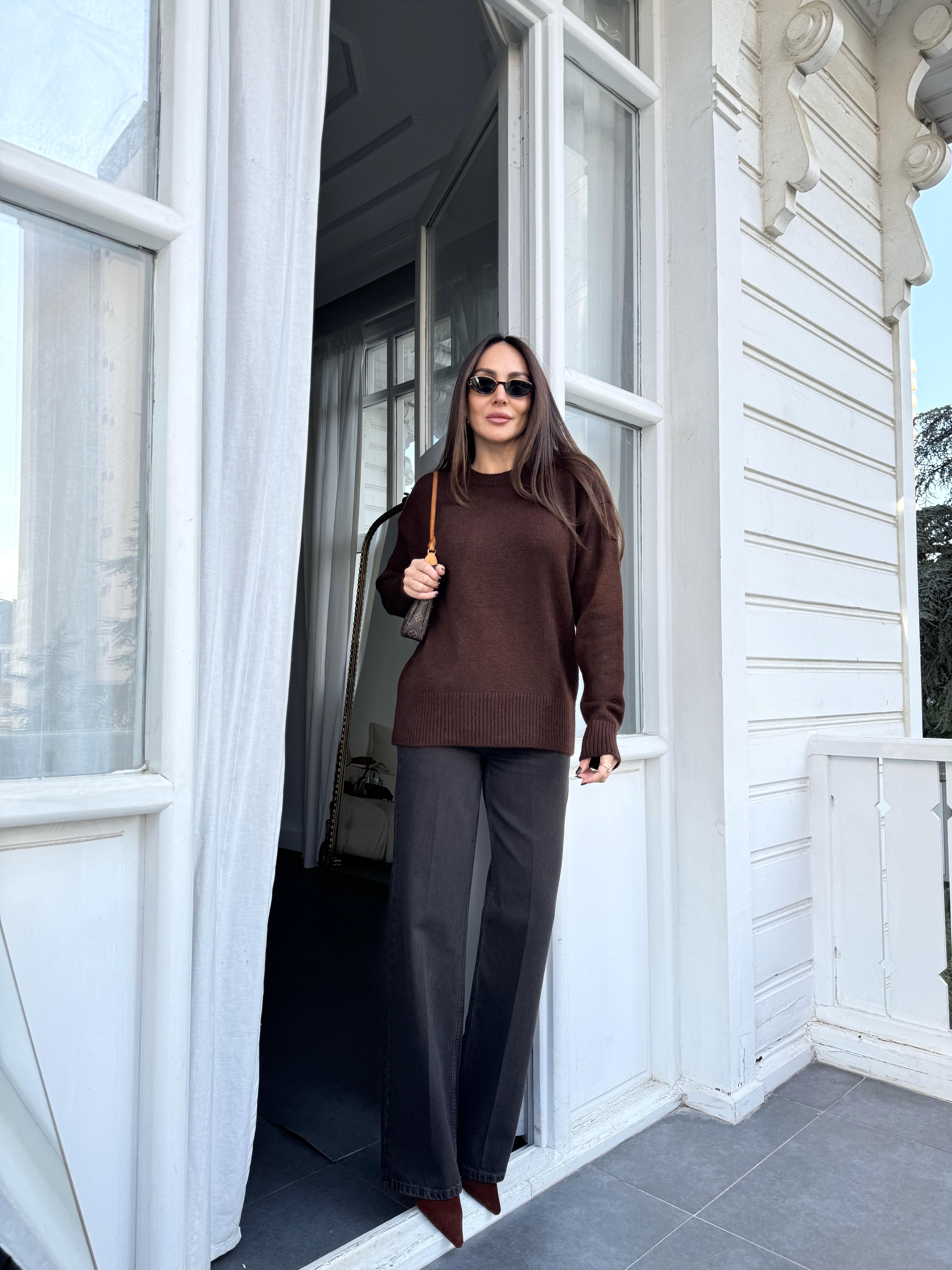 Kahve Wide Leg Jean Pantolon