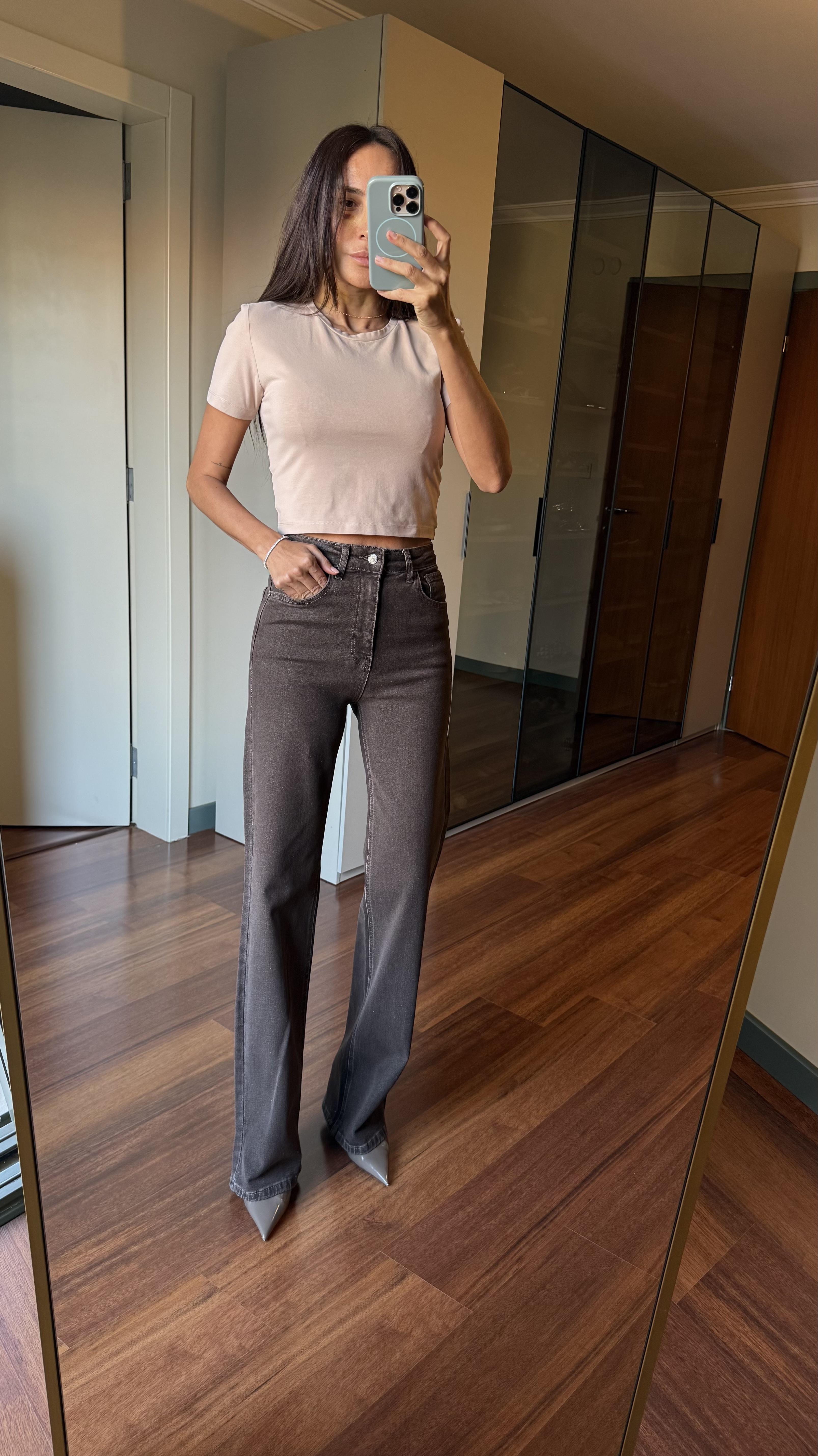 Kahve Wide Leg Jean Pantolon