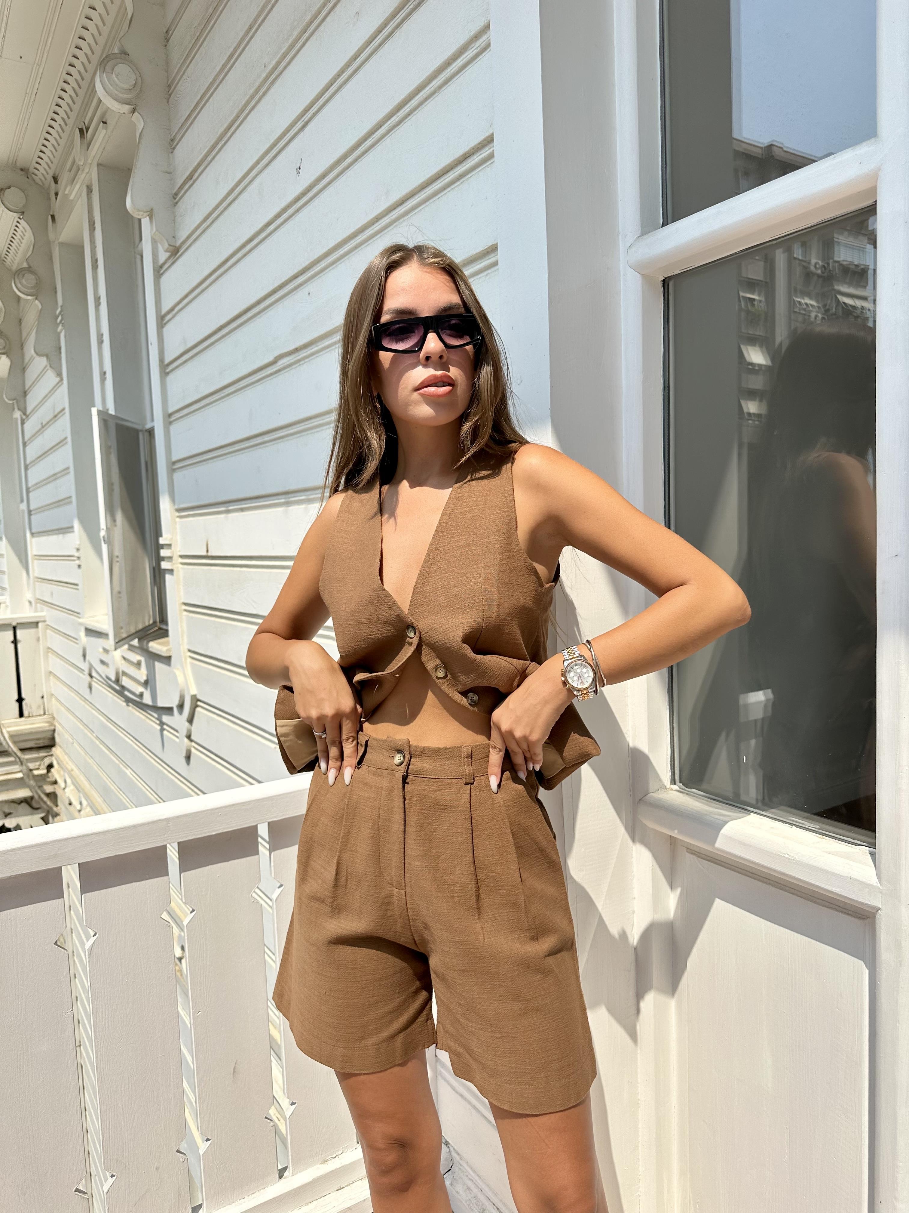 Kahve Yelekli Keten Takım