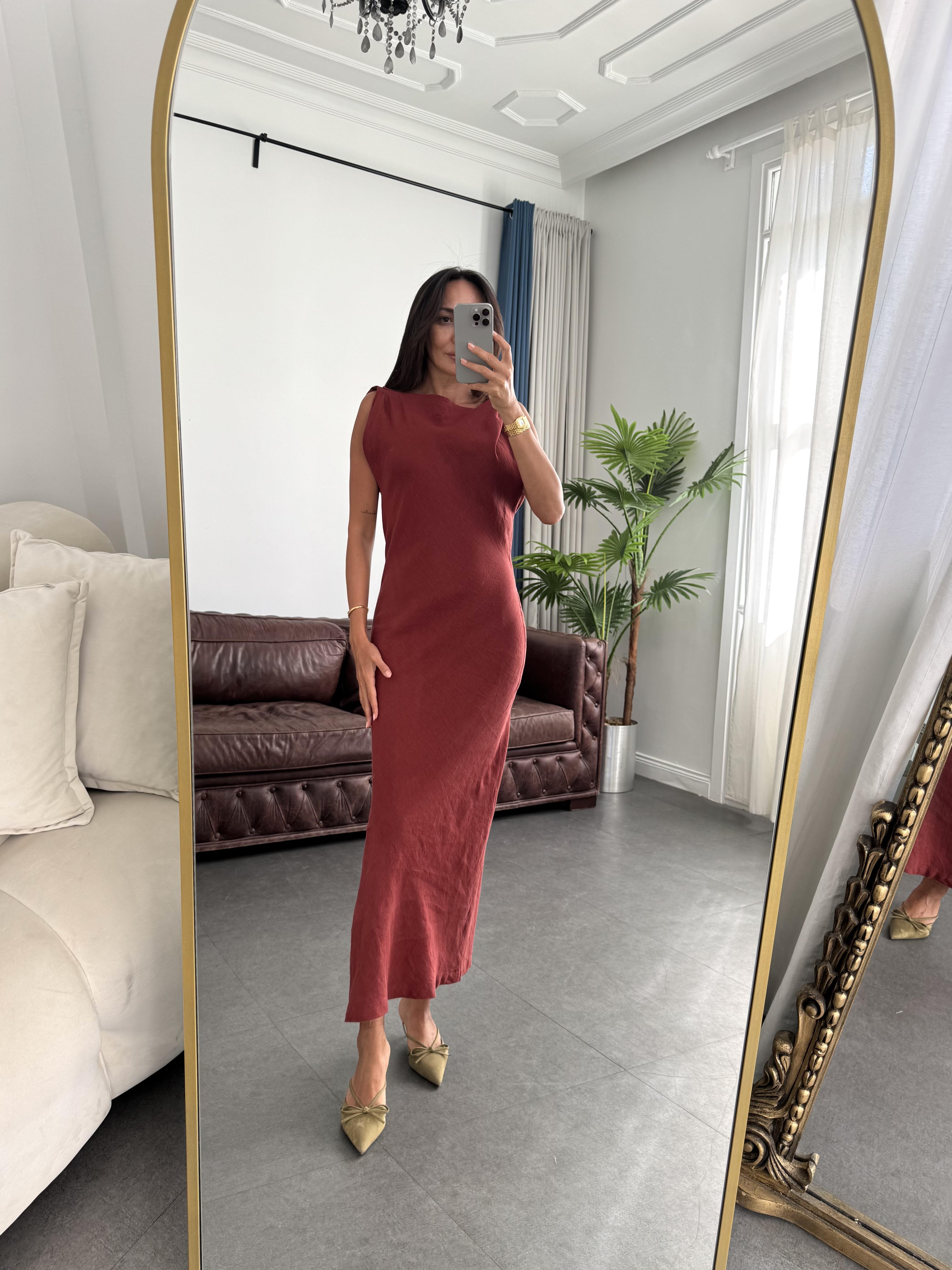 Kiremit Kolsuz Keten Elbise