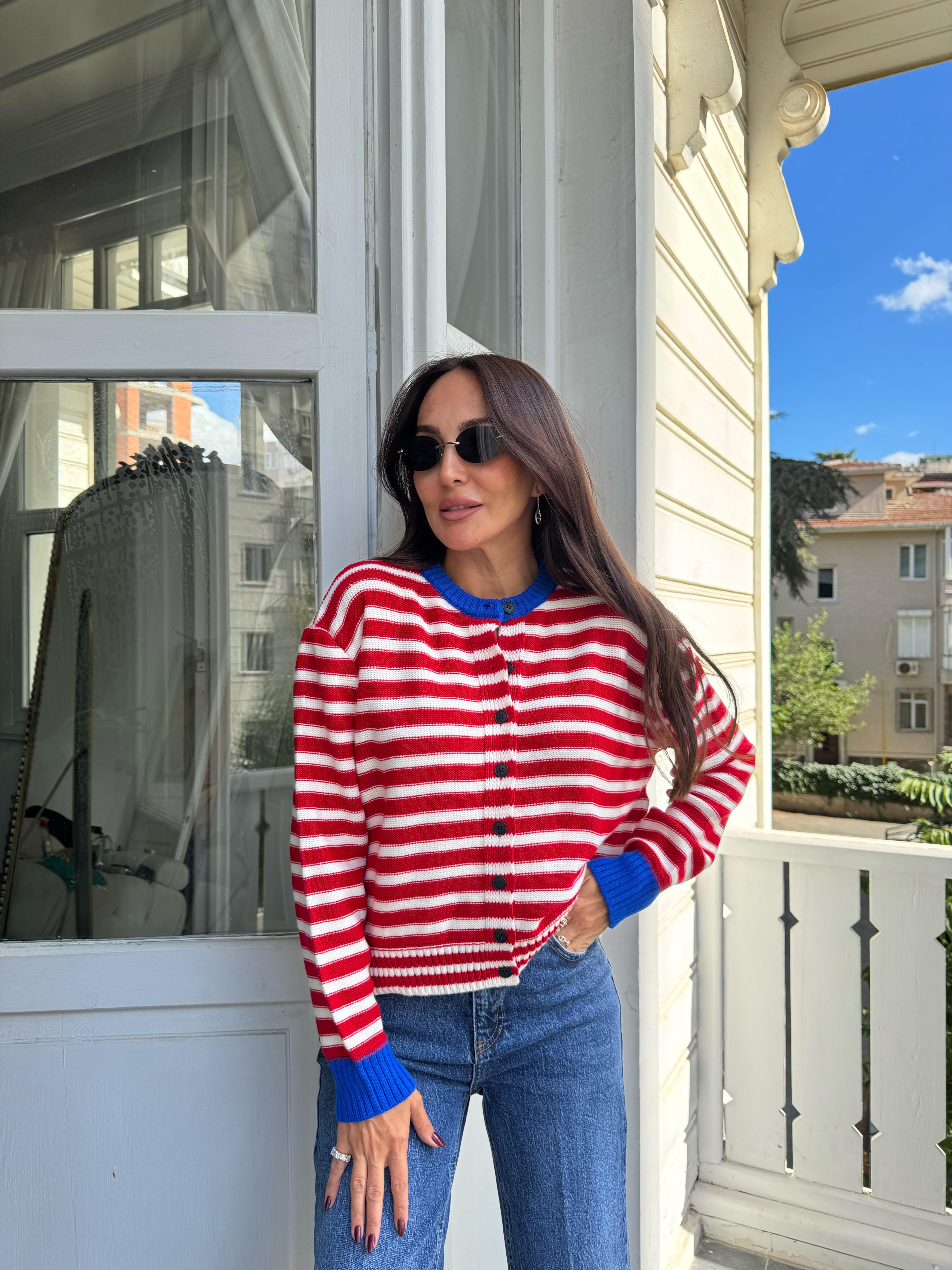 Kırmızı-Saks Çizgili Renkli Hırka