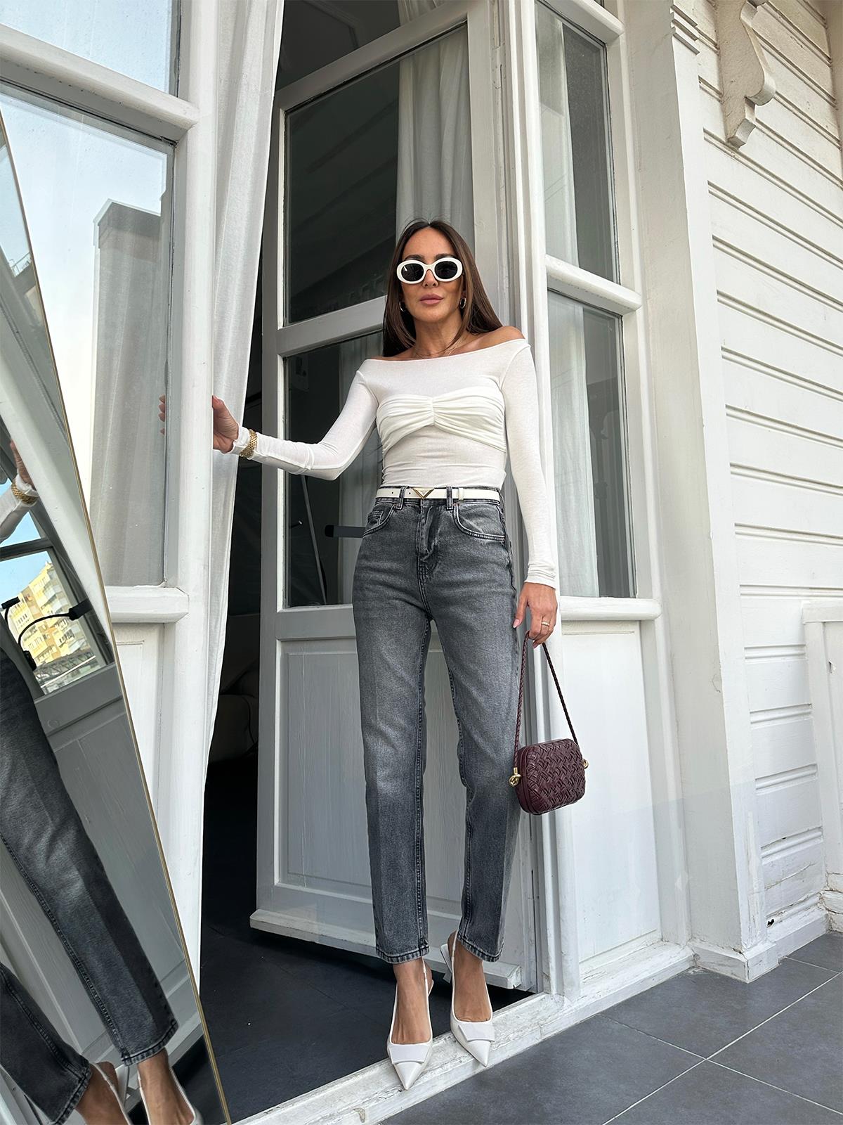 Koyu Gri Mom Fit Jean Pantolon