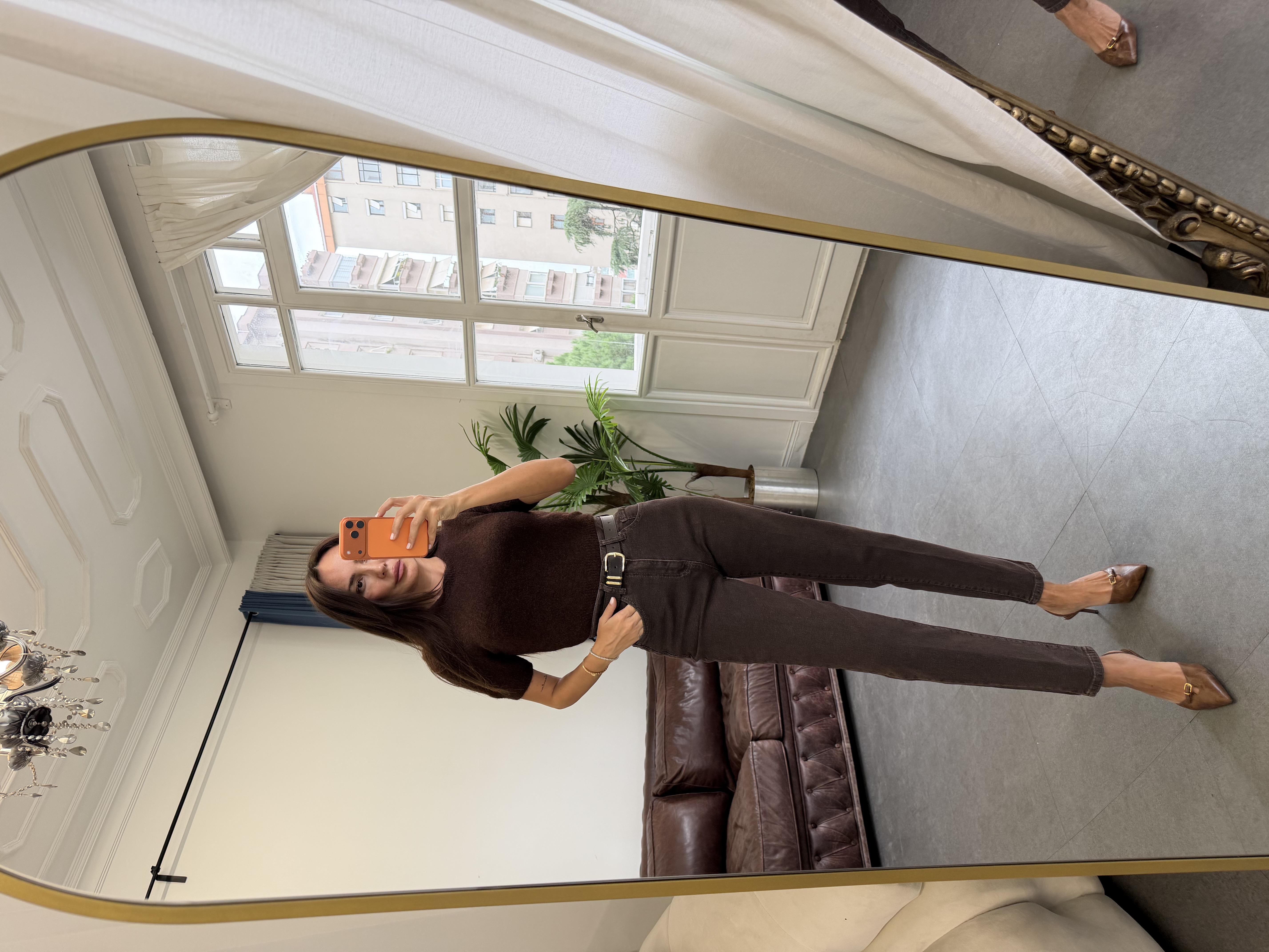 Koyu Kahve Kemerli Mom Jean