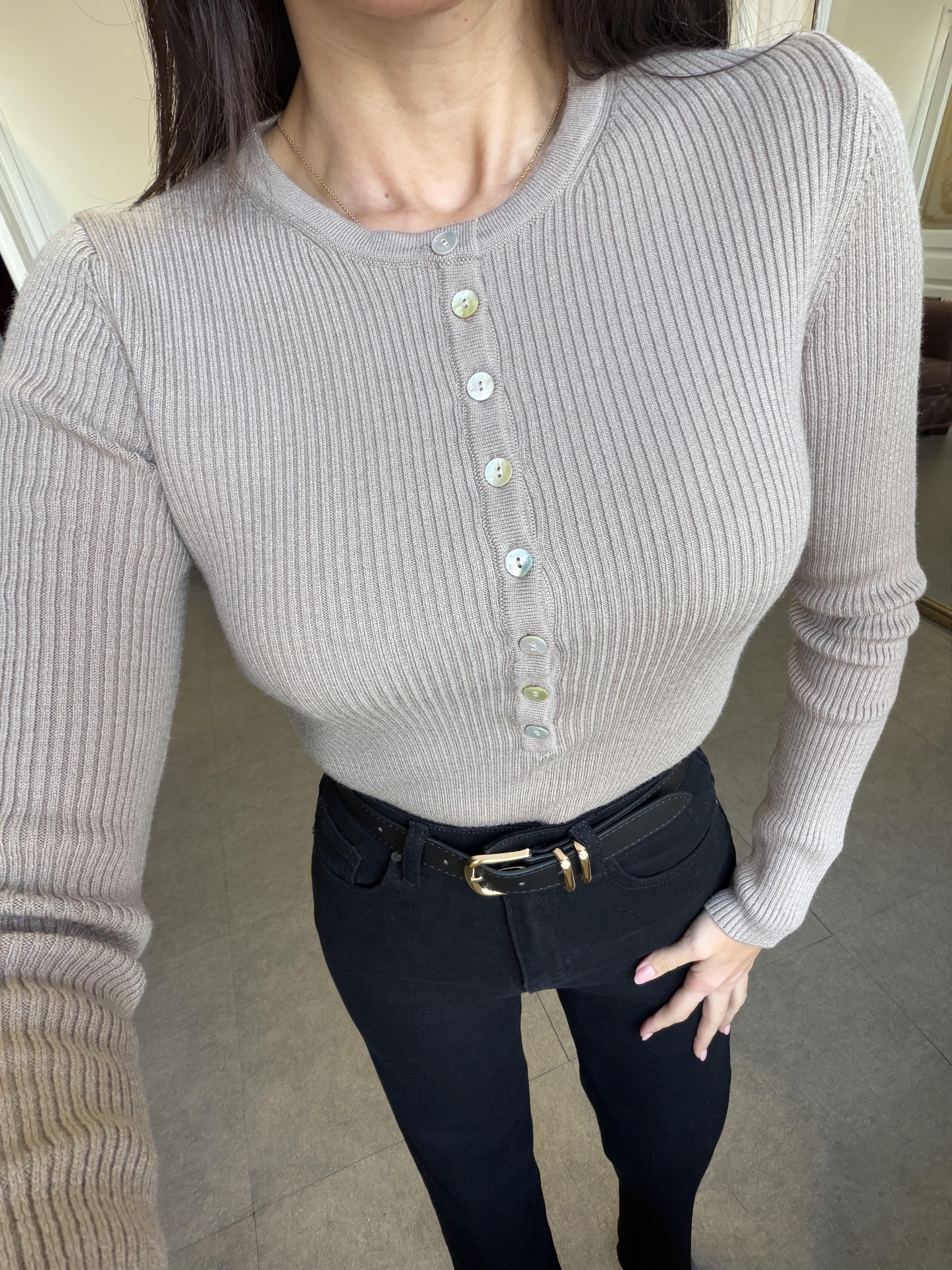 Koyu Vizon Melanj Bisiklet Yaka Yünlü Düğmeli Triko Kazak