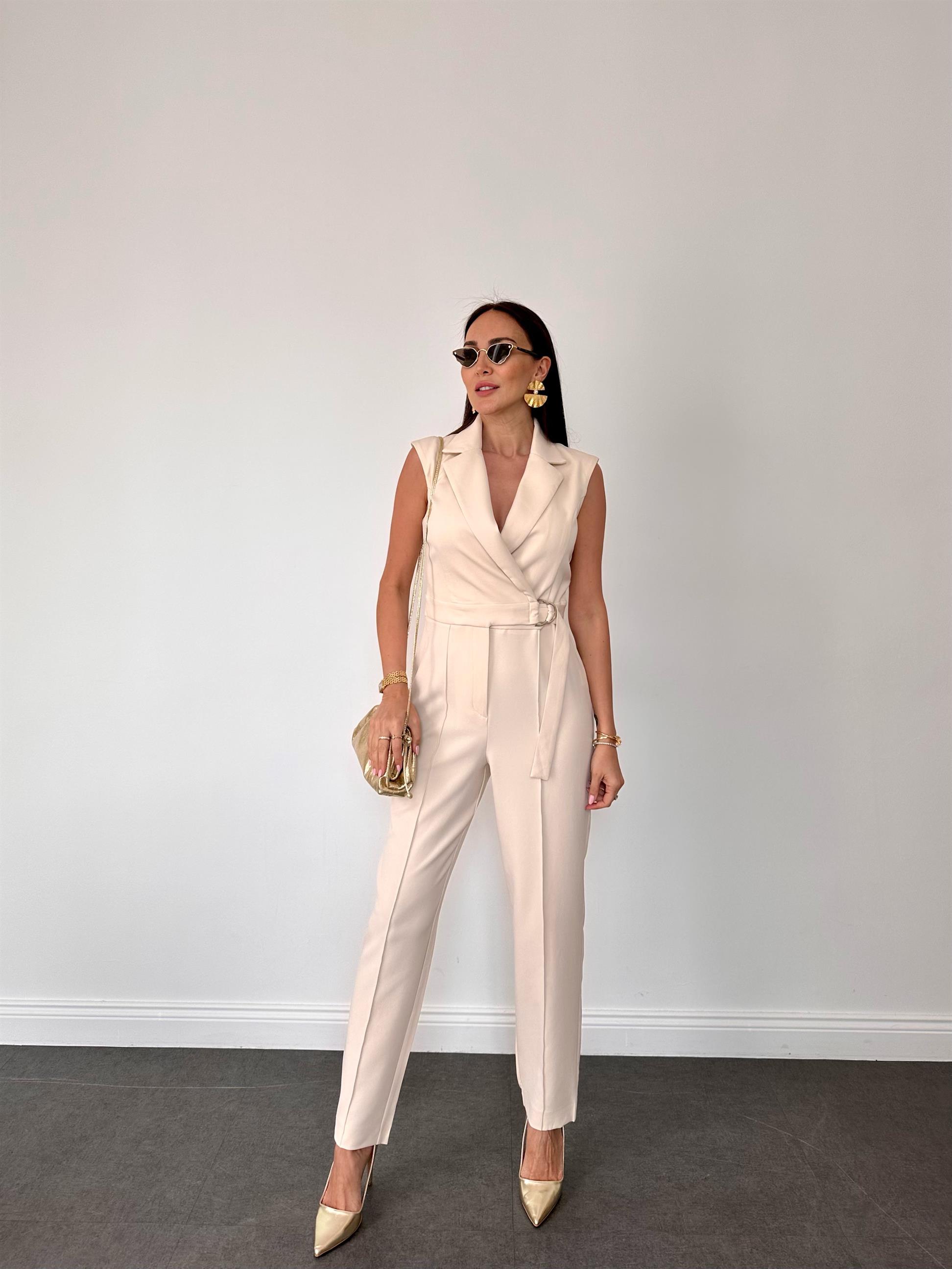 Krem  Kolsuz Kruvaze Kesimli Tulum