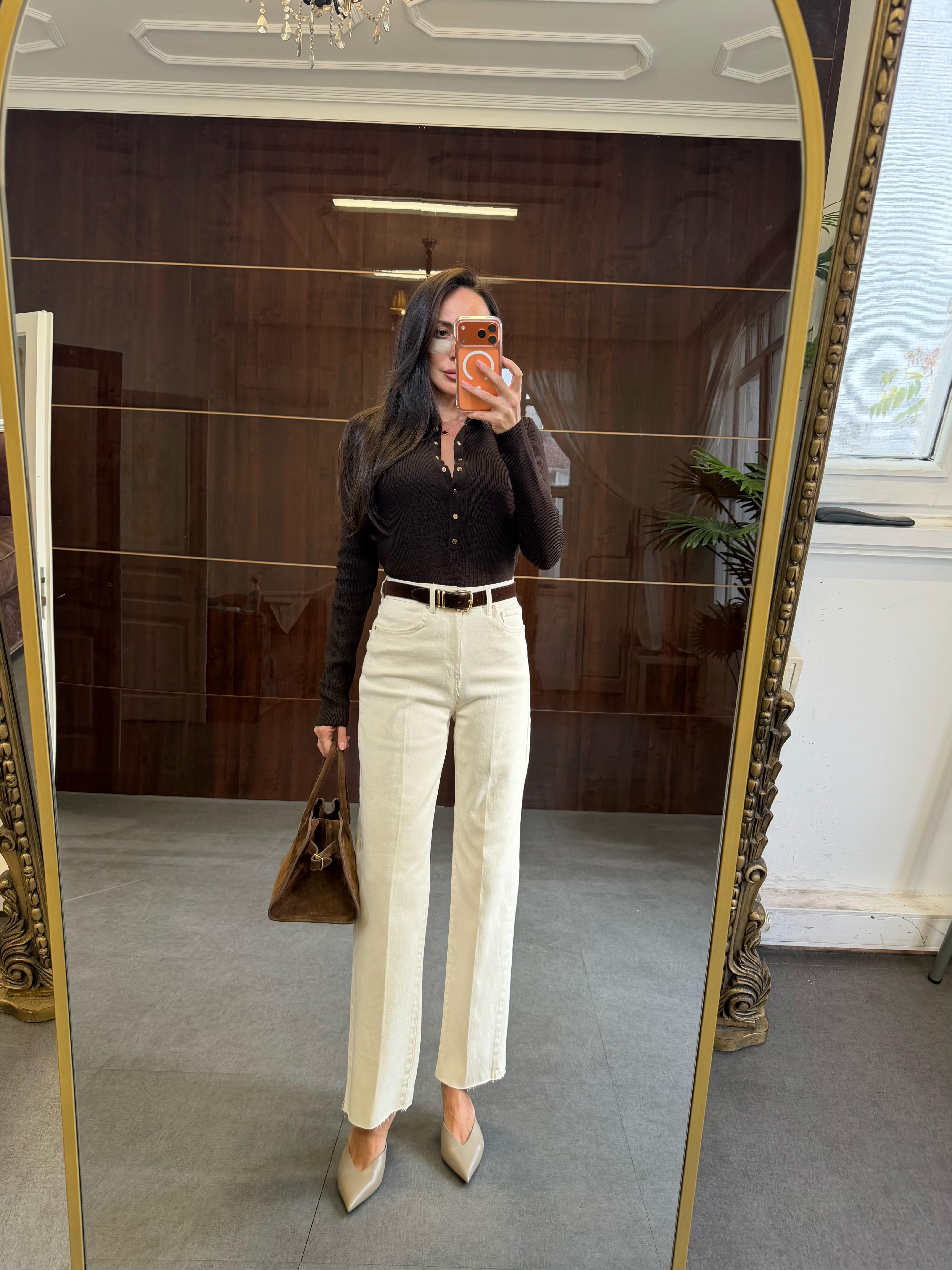 Krem Süet Kemerli Bol Paça Jean