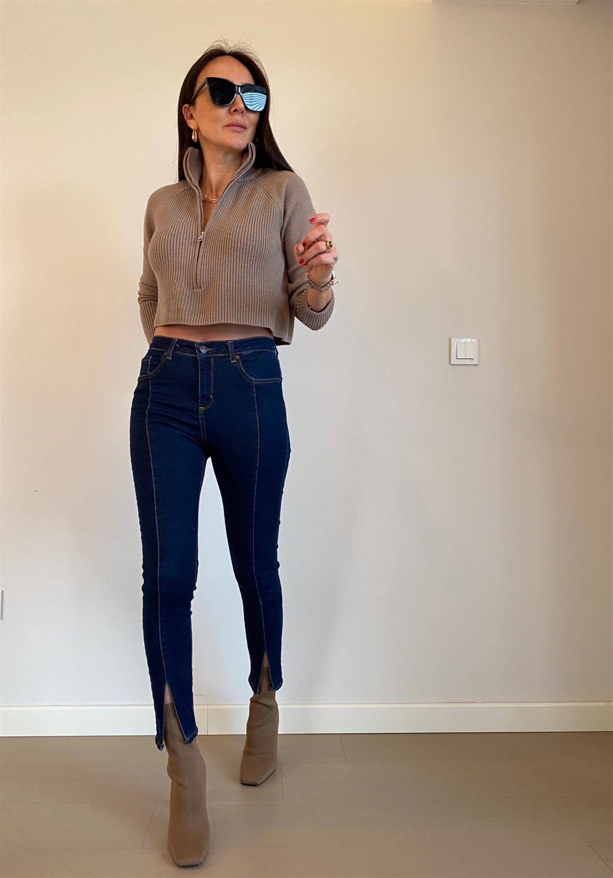 Lacivert  Ön Dikiş Detay Yırtmaçlı Skinny Jean