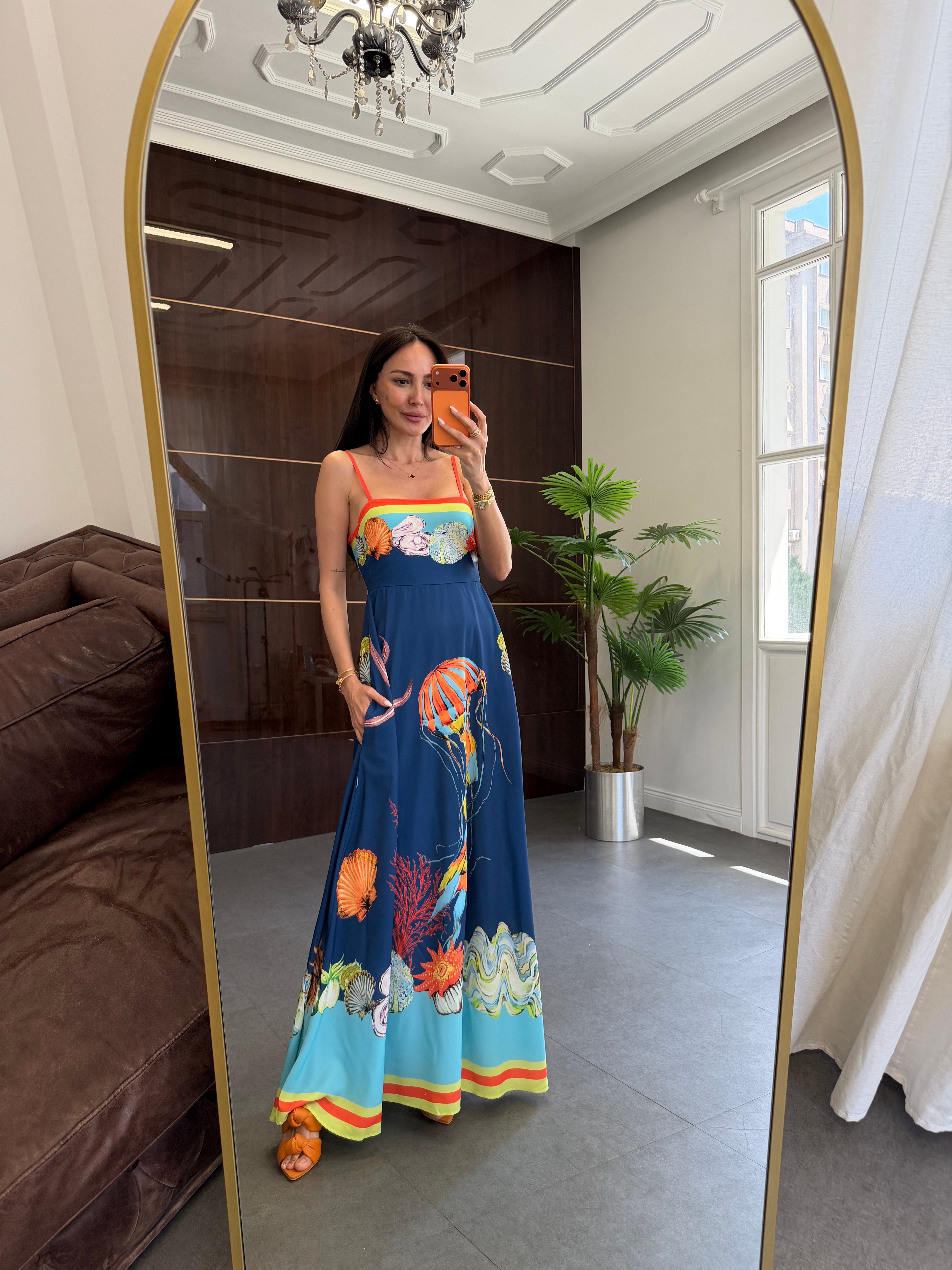 Lacivert Askılı Karışık Desenli Elbise