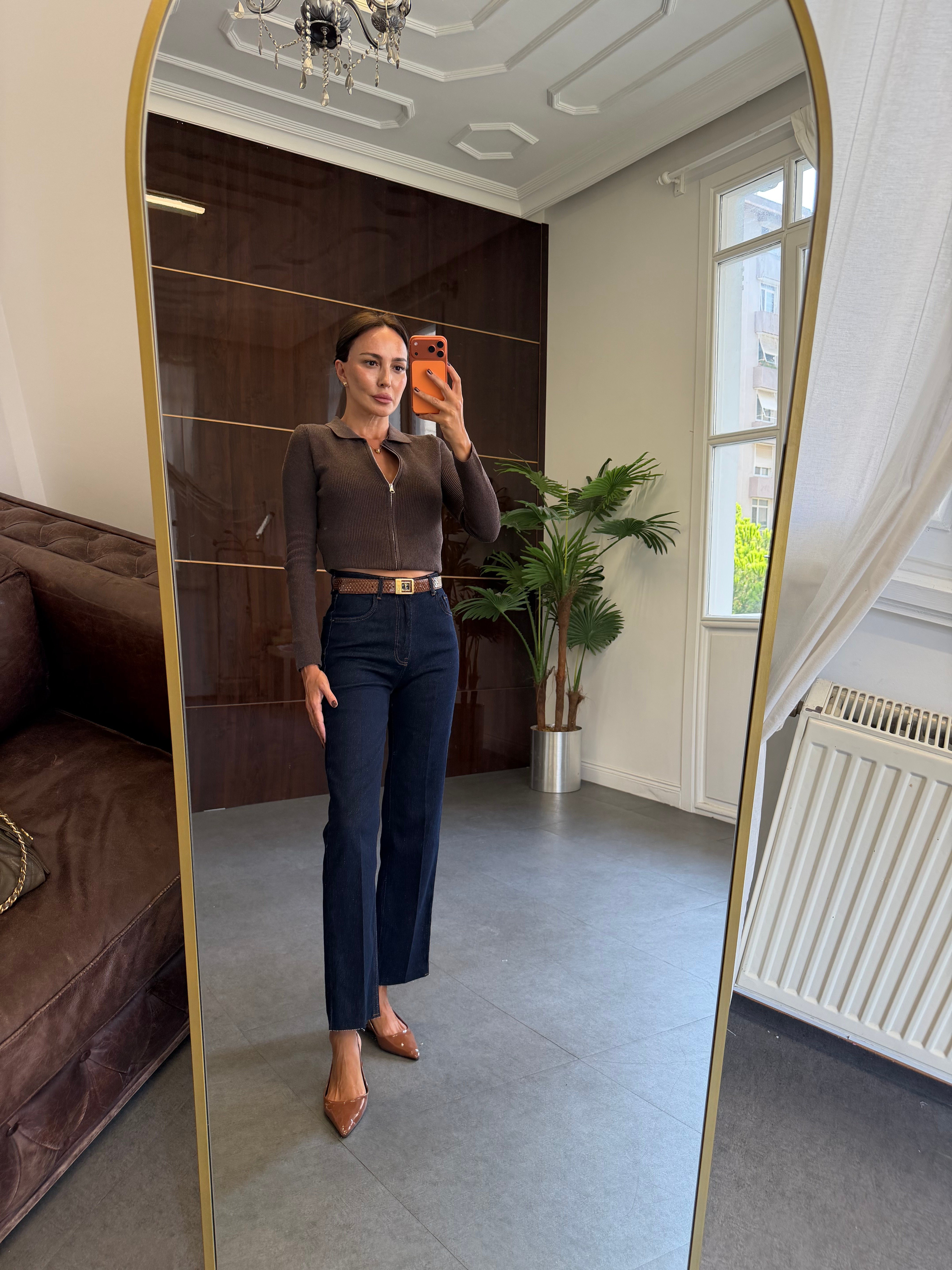 Lacivert Çizgi Ütü Straight Jean Pantolon