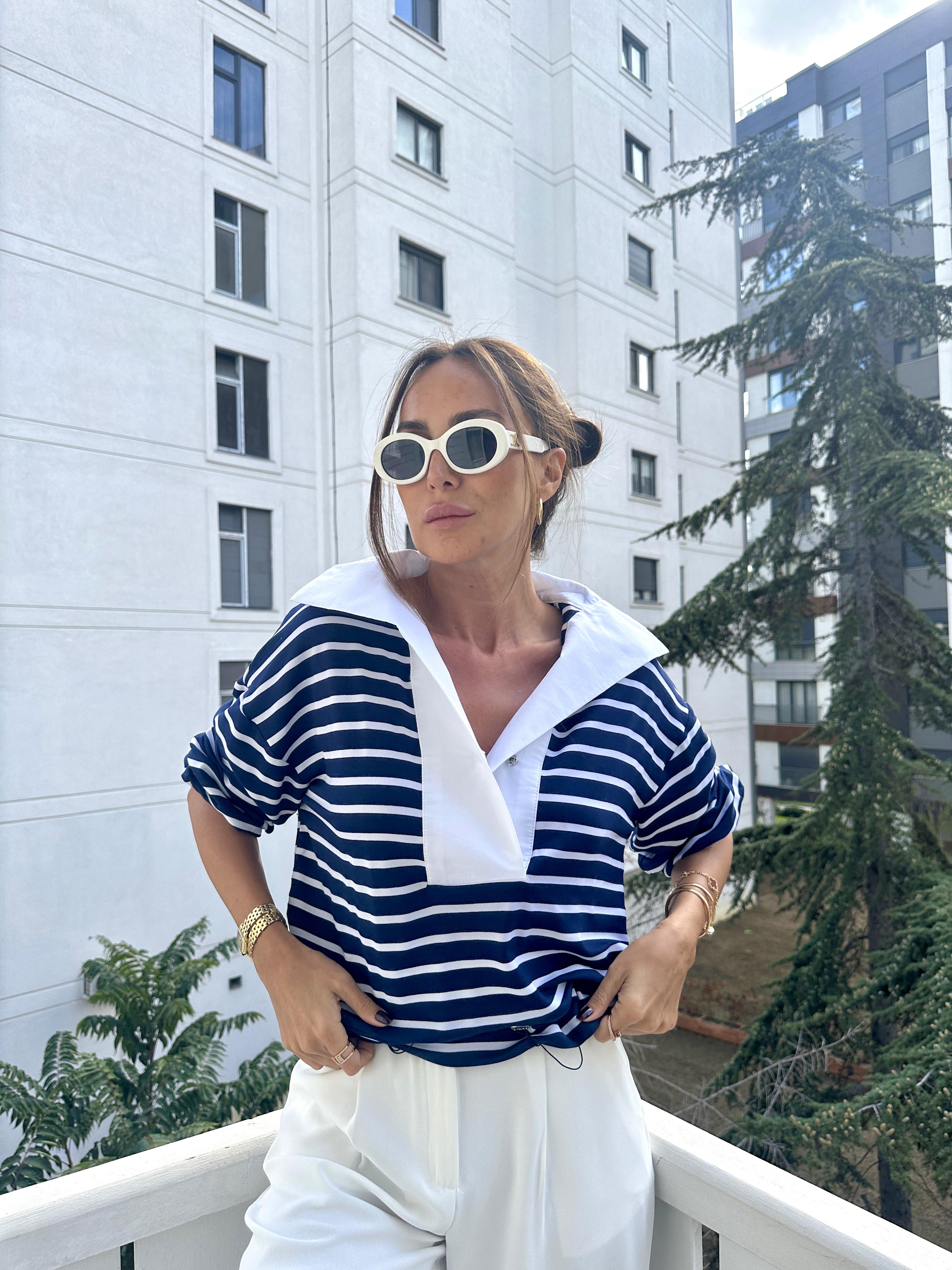 Lacivert Çizgili Garnili Sweat