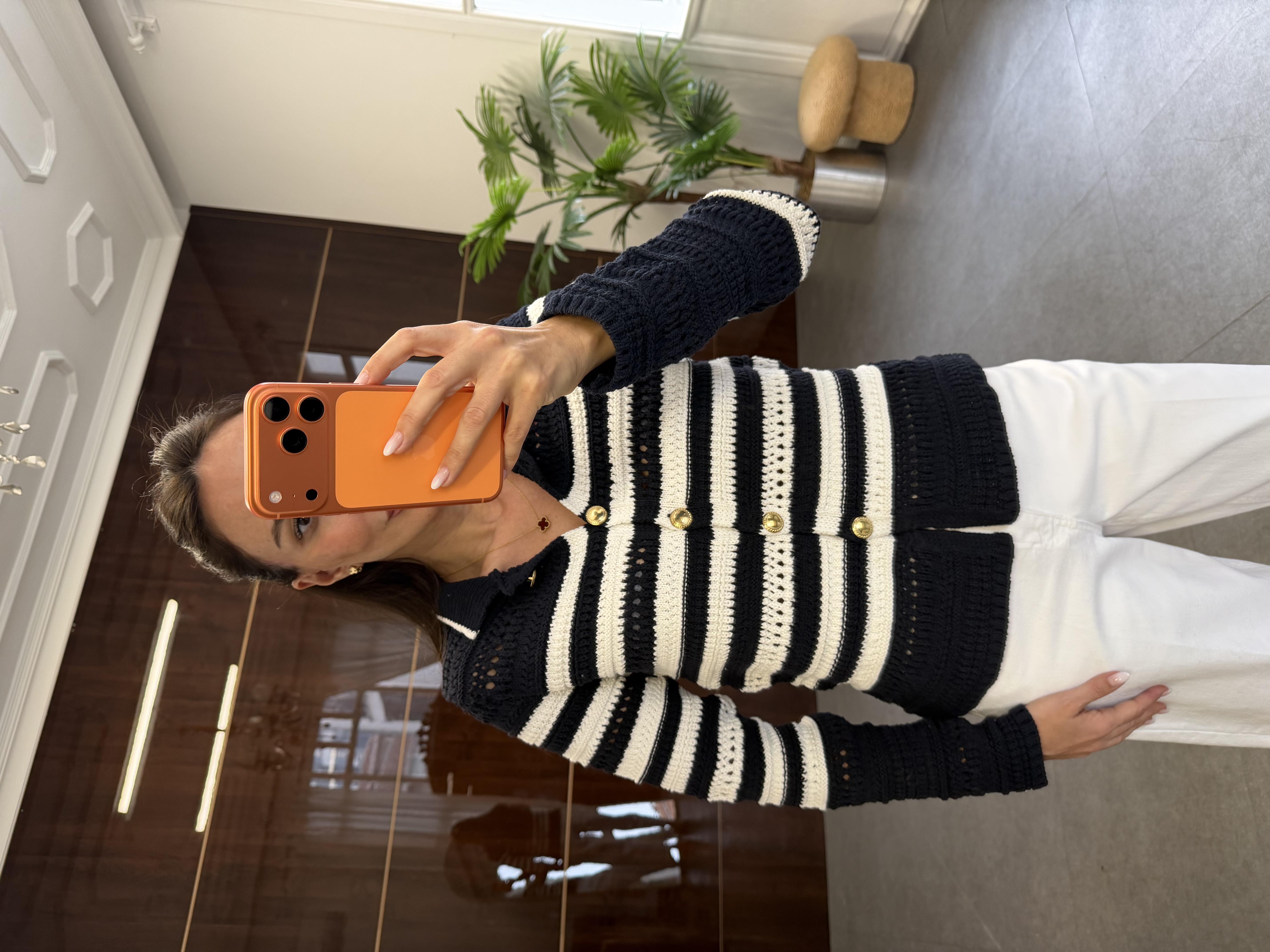 Lacivert Çizgili Gold Düğmeli Ajurlu Hırka