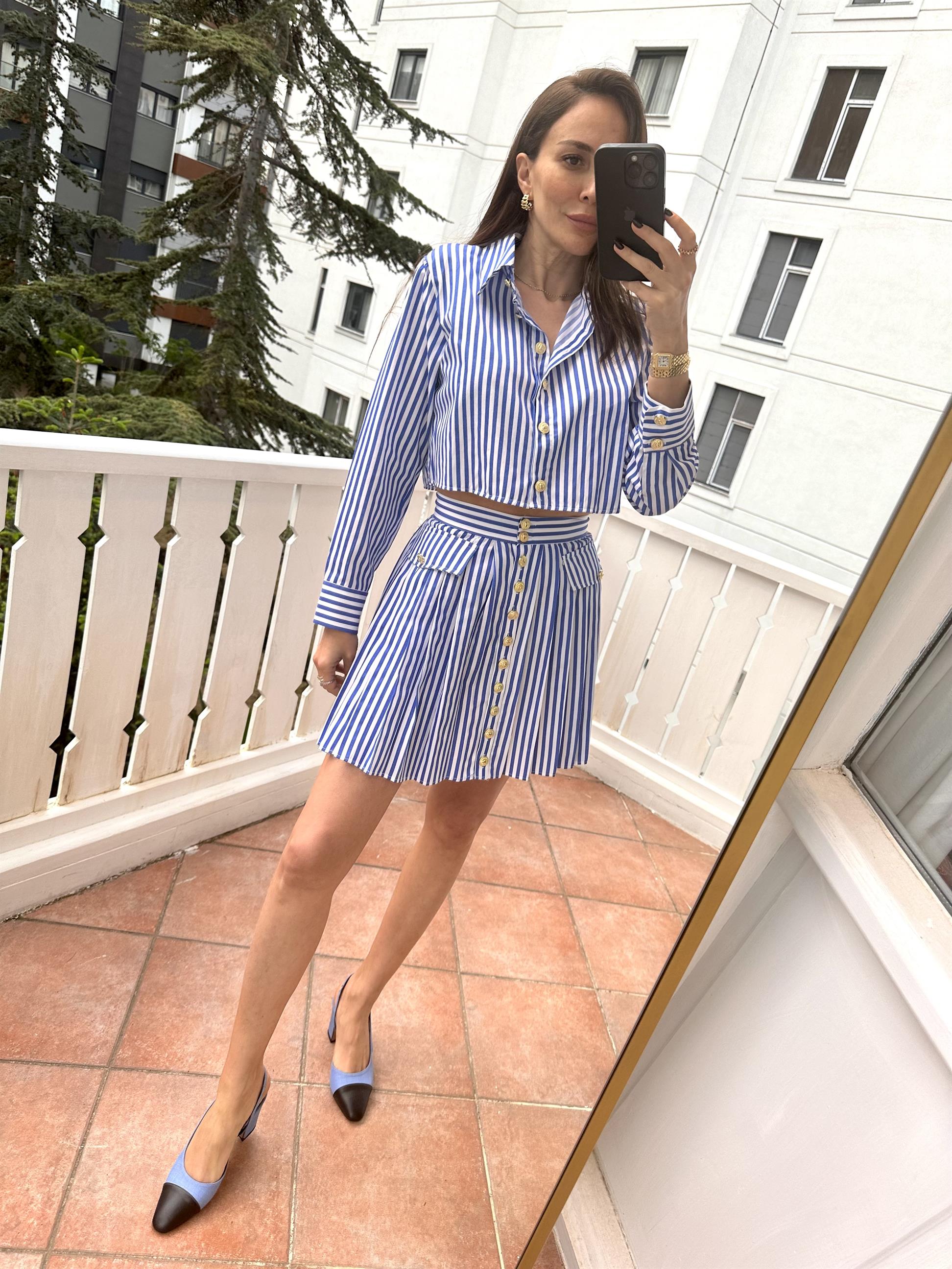 Lacivert Çizgili Gömlek Etek Takım