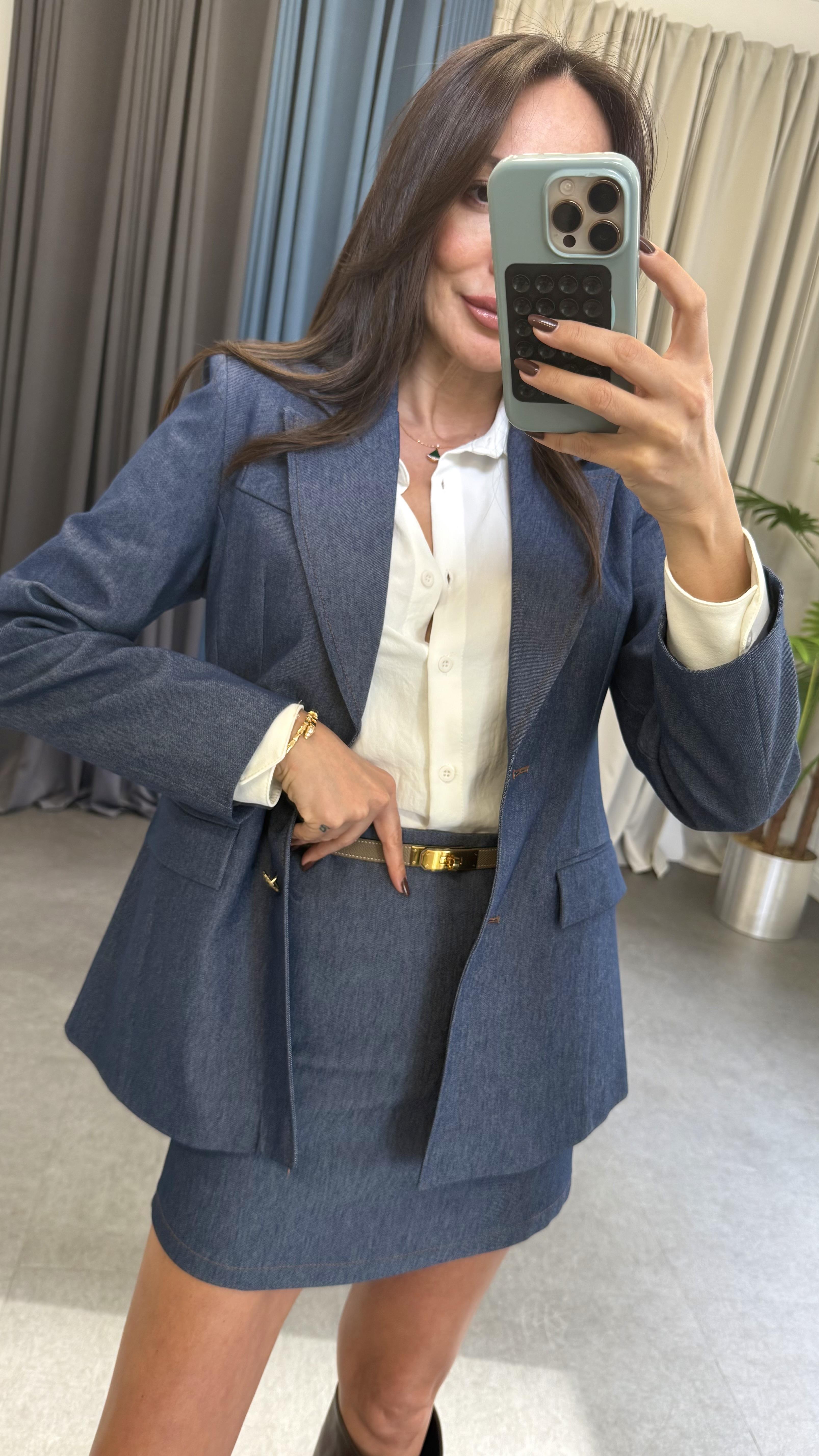 Lacivert Denim Etek Ceket Takım