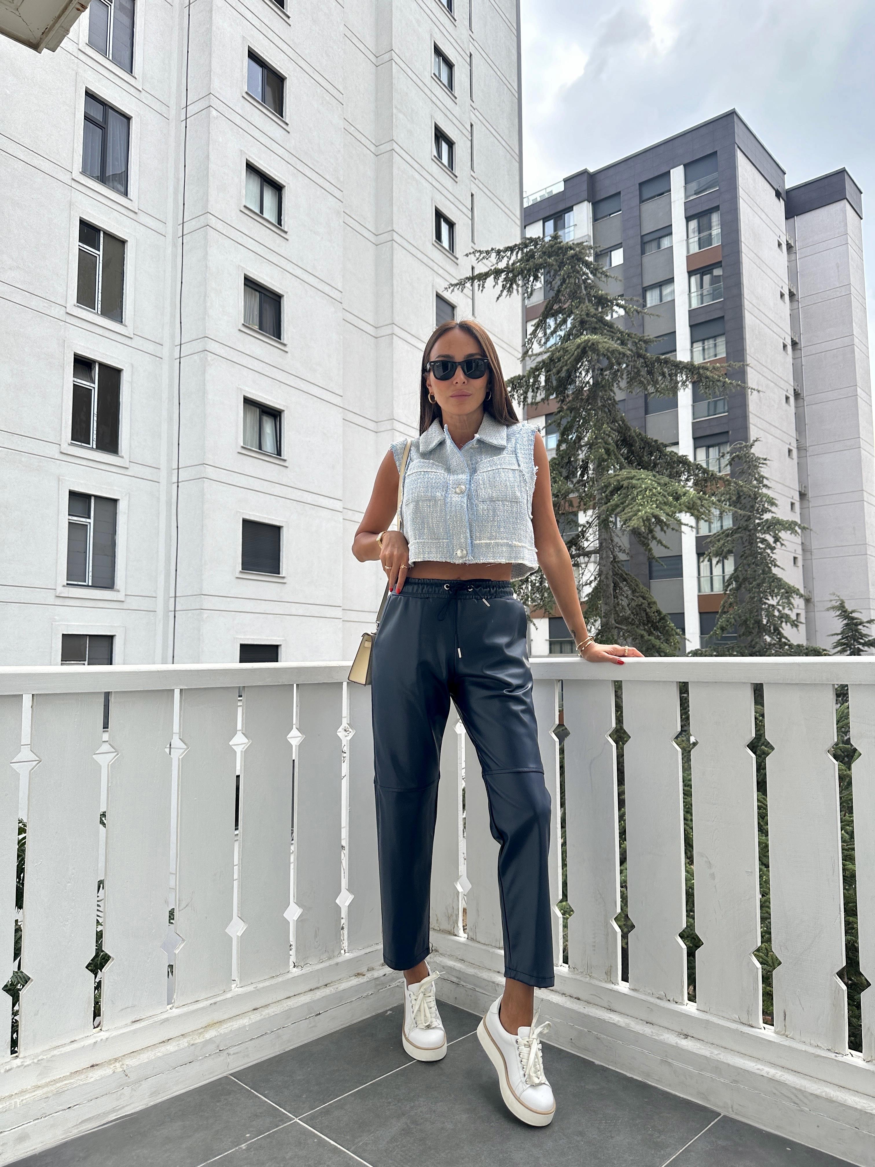 Lacivert Dizi Dikişli Bağcıklı ve Beli Lastikli Deri Pantolon