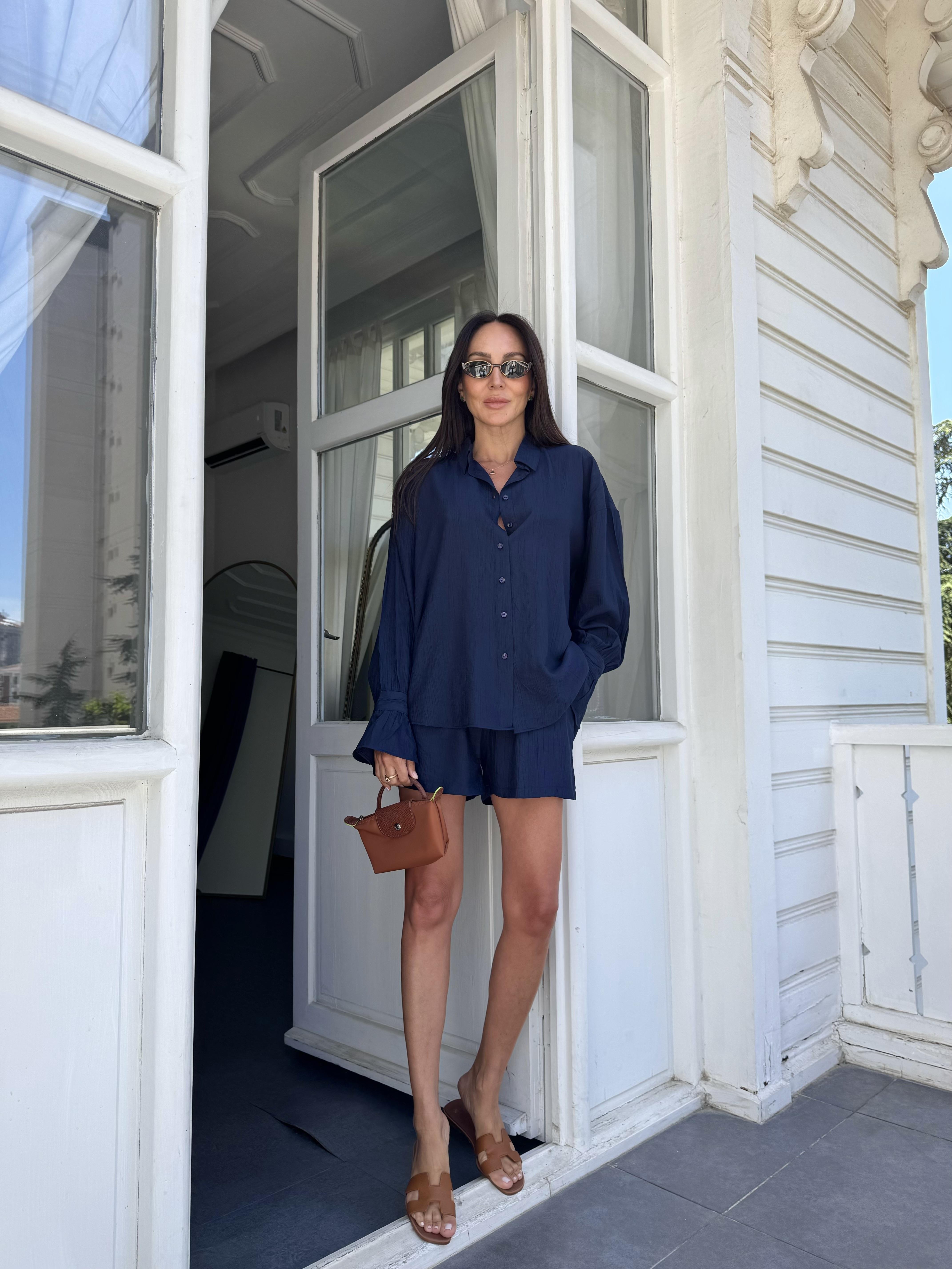 Lacivert Kol Fırfırlı Gömlek Şort İkili Takım