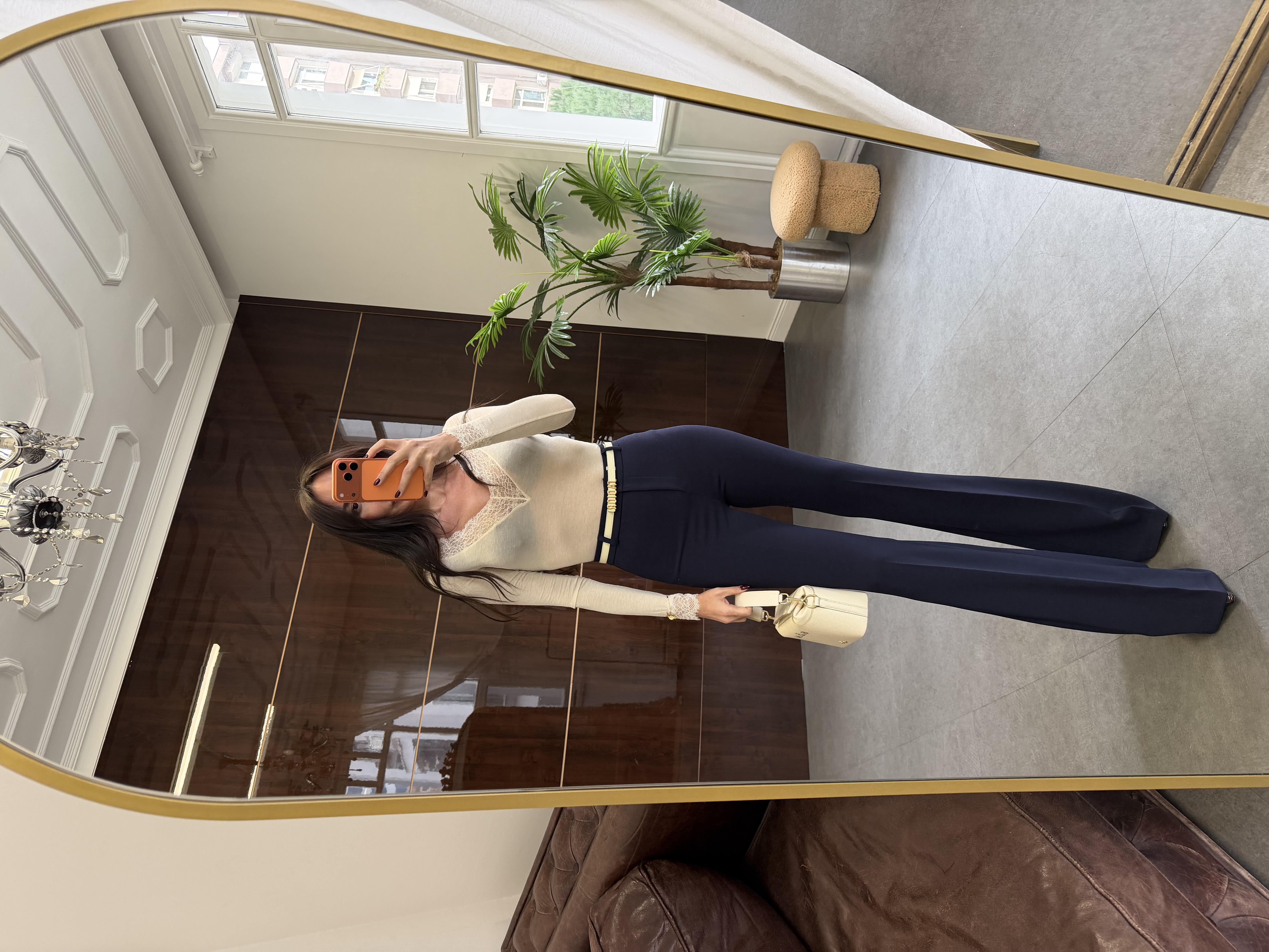 Lacivert Likralı İspanyol Paça Kumaş Pantolon