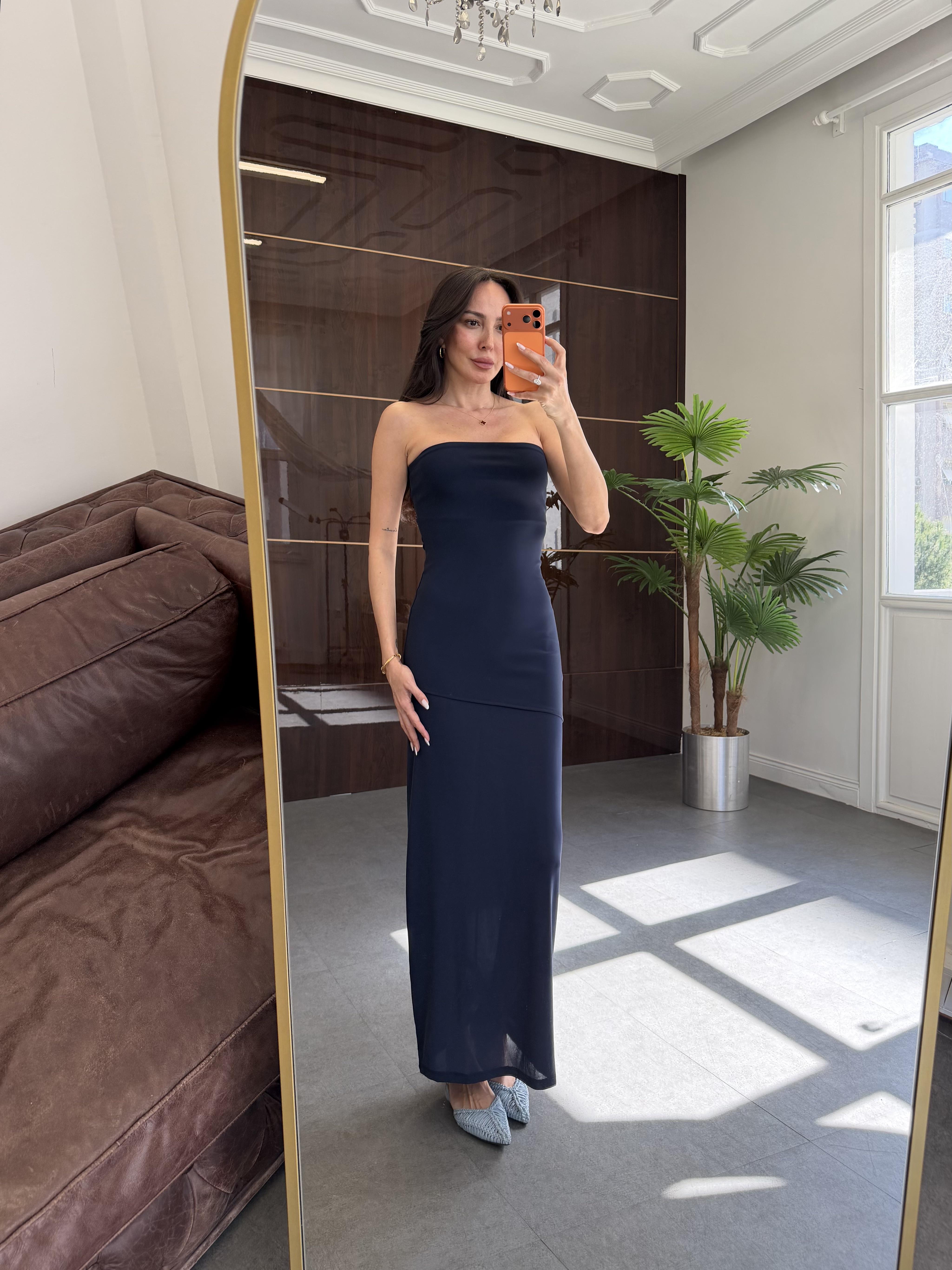 Lacivert Straplez Kesim Elbise