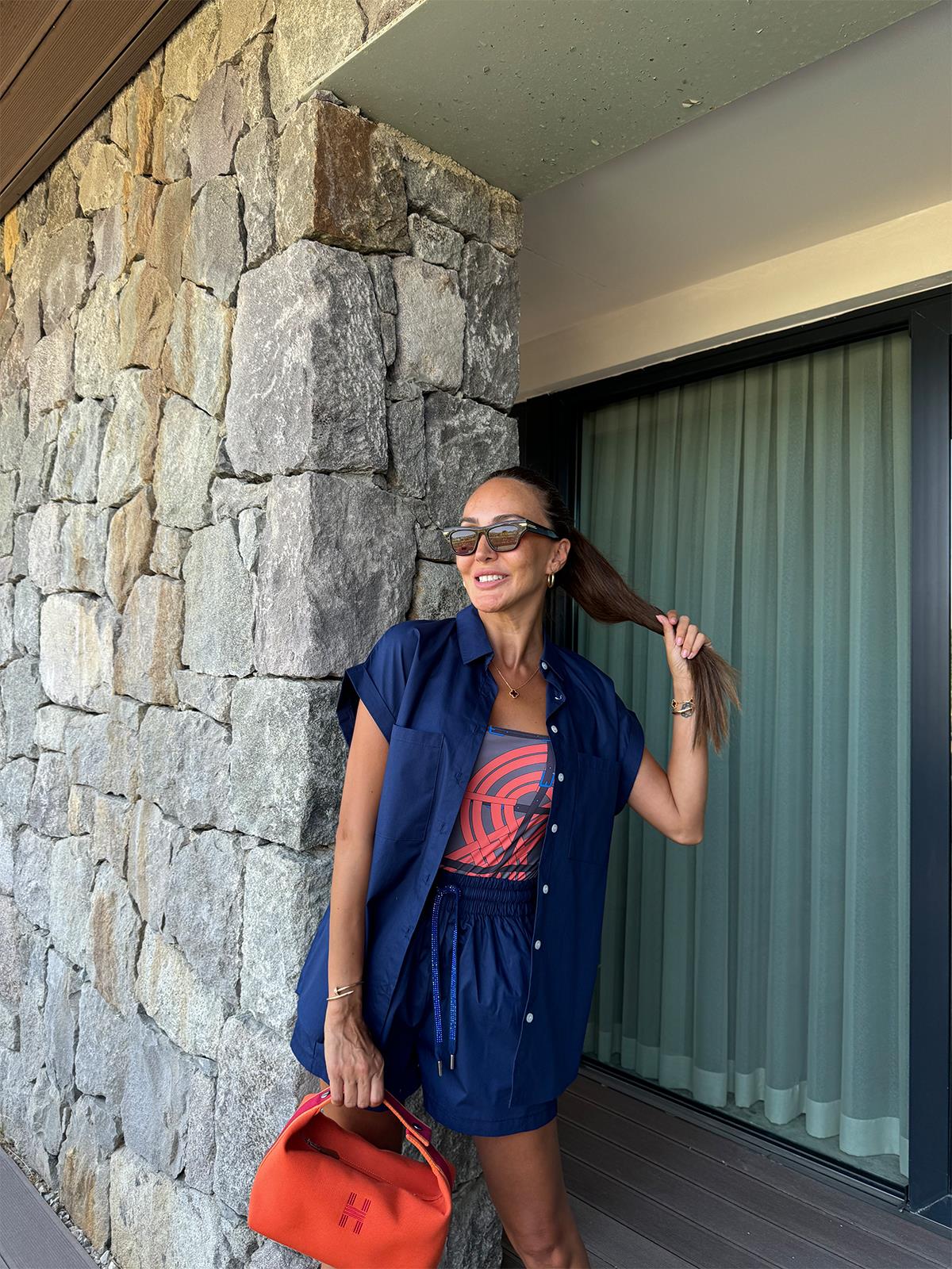 Lacivert Taşlı Kuşak Şort Takım