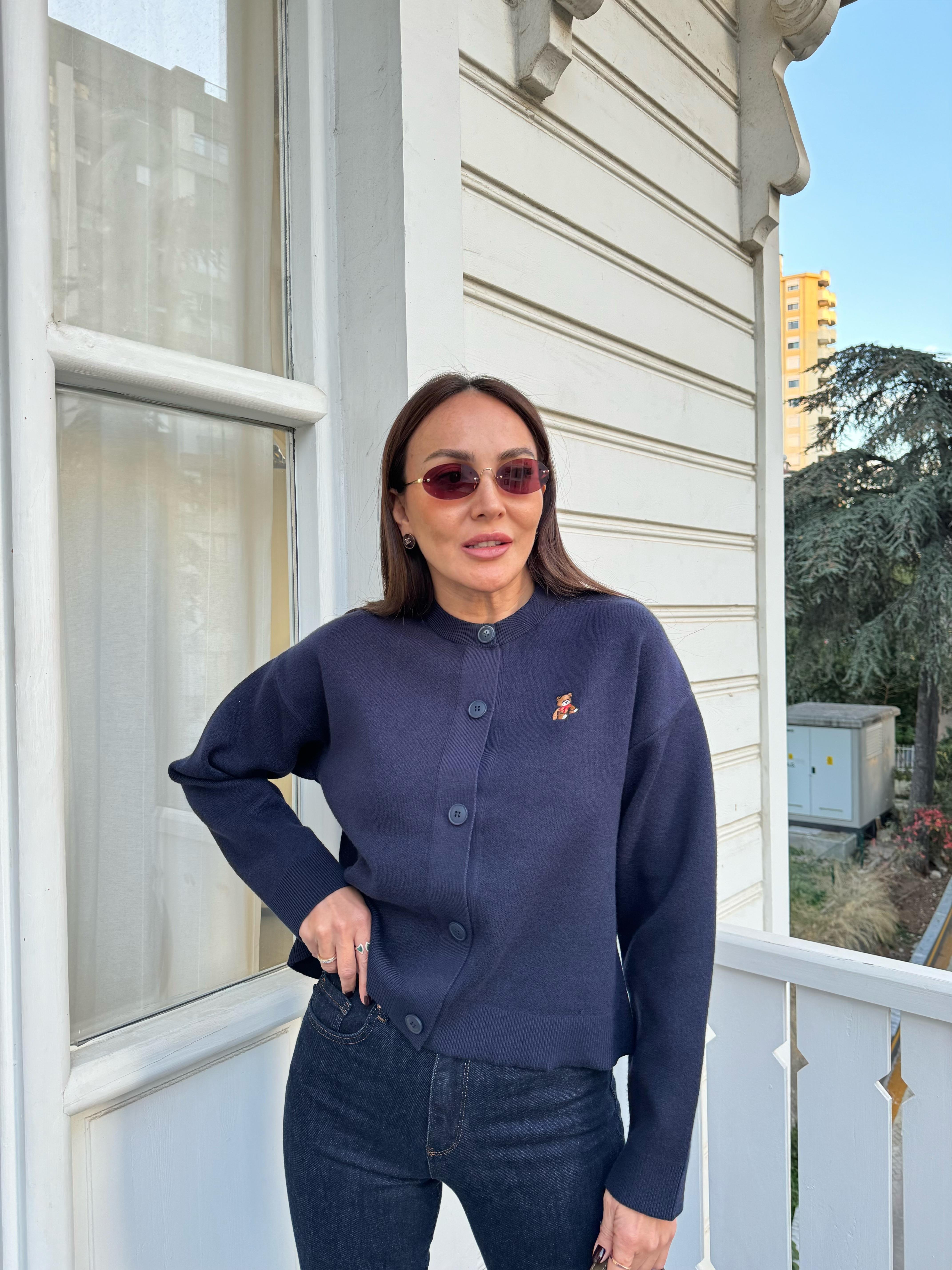 Lacivert Tedy Nakışlı Bisiklet Yaka Hırka