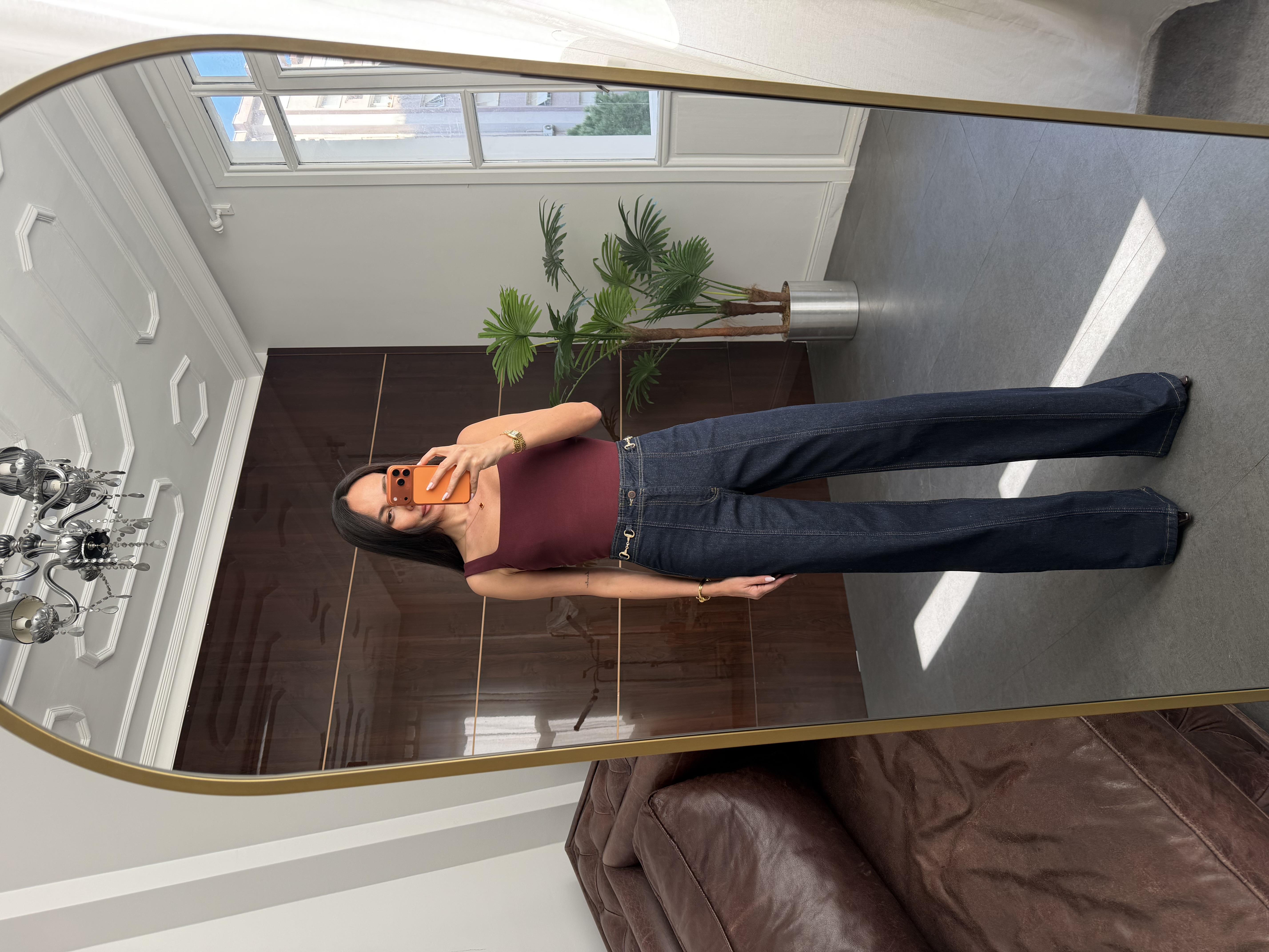 Lacivert Tokalı Wide Leg Jean Pantolon