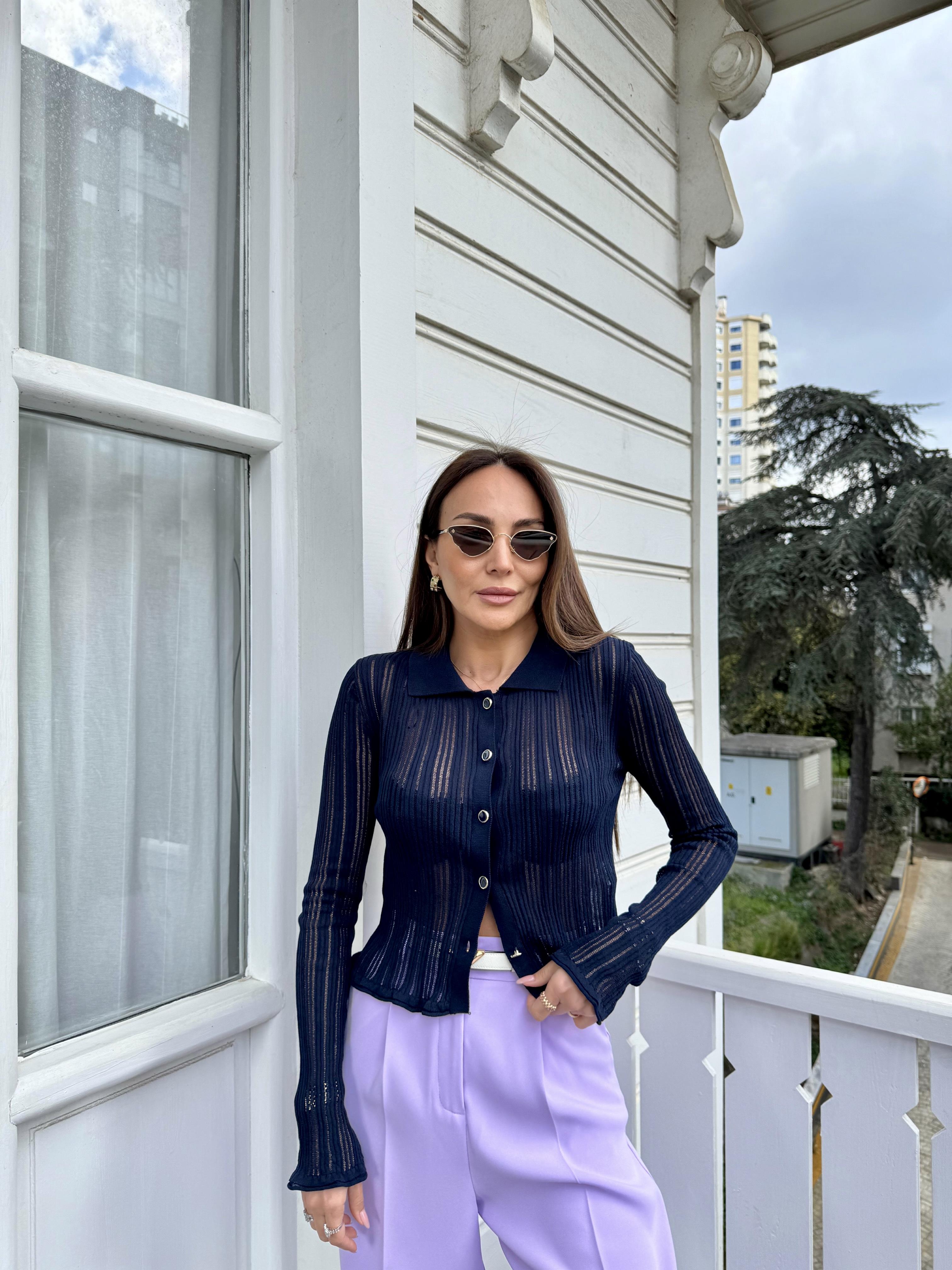 Lacivert Transparan Polo Yaka Düğmeli Hırka