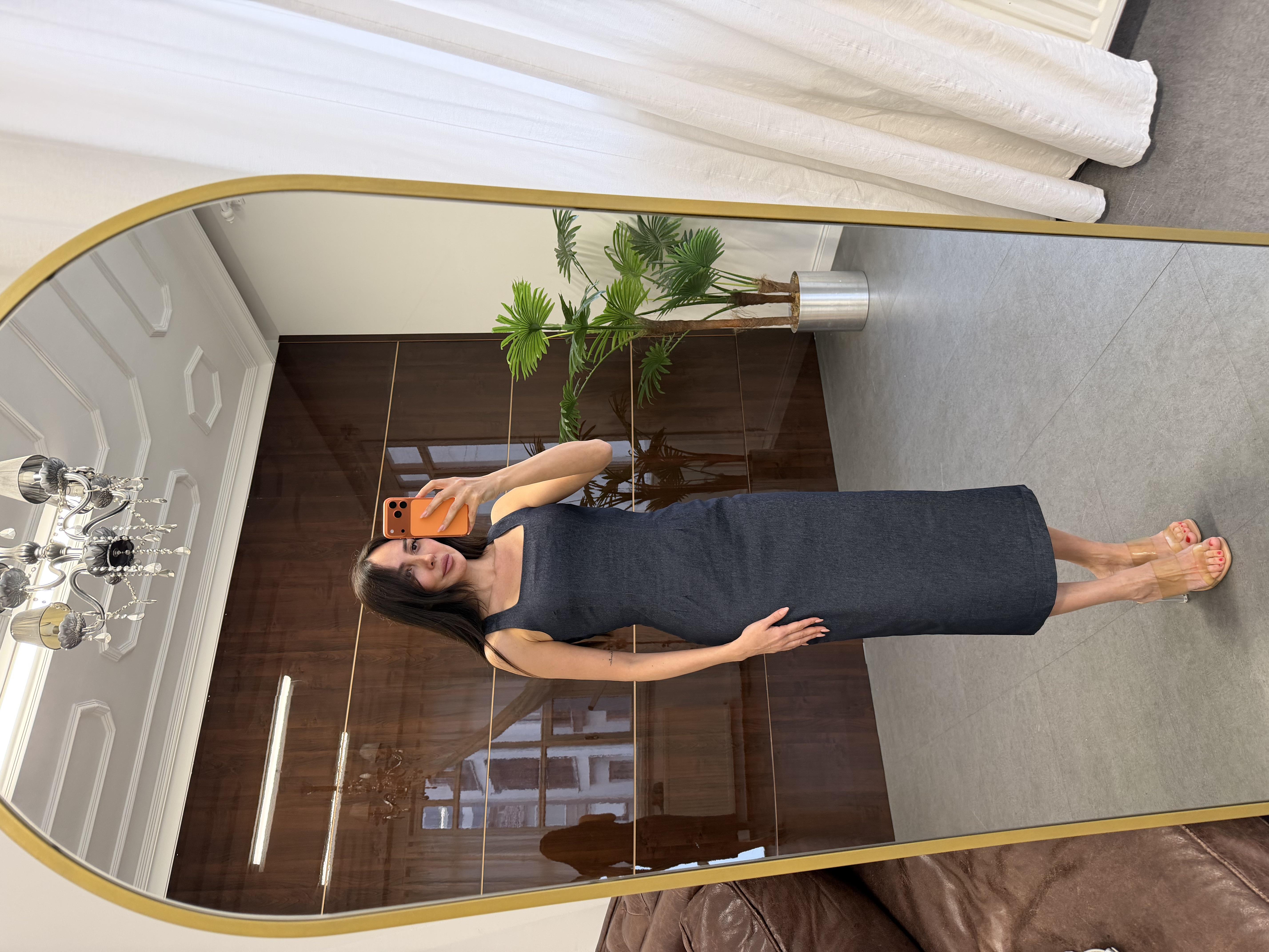 Lacivert U Yaka Midi Denim Elbise