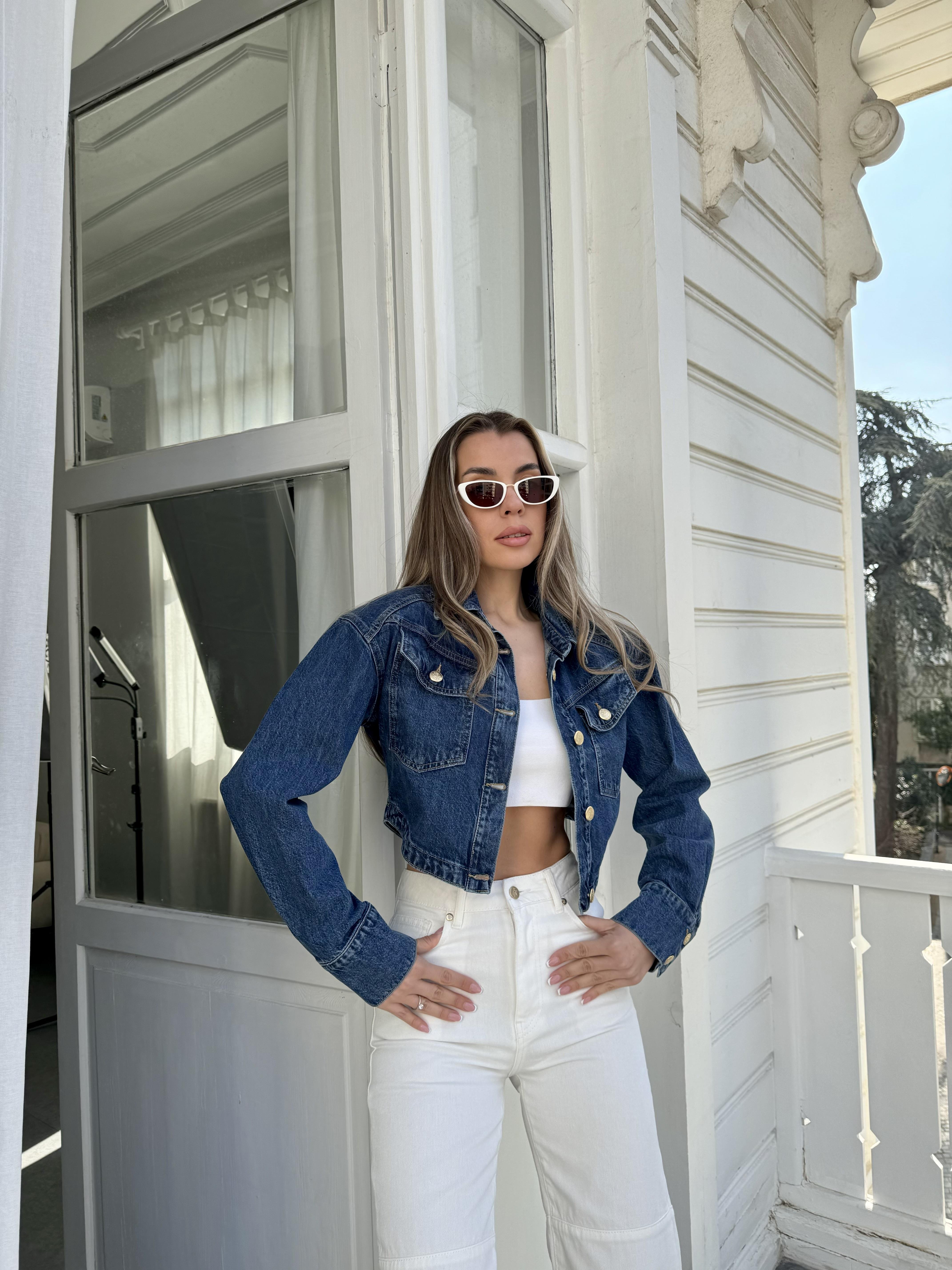 Lacivert Vatkalı Jean Ceket