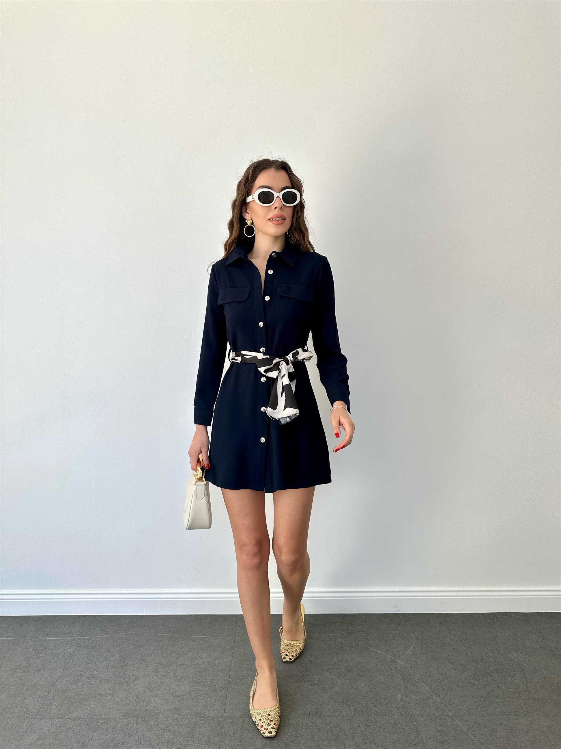 Lacivert Yalancı Cepli Kuşaklı Elbise