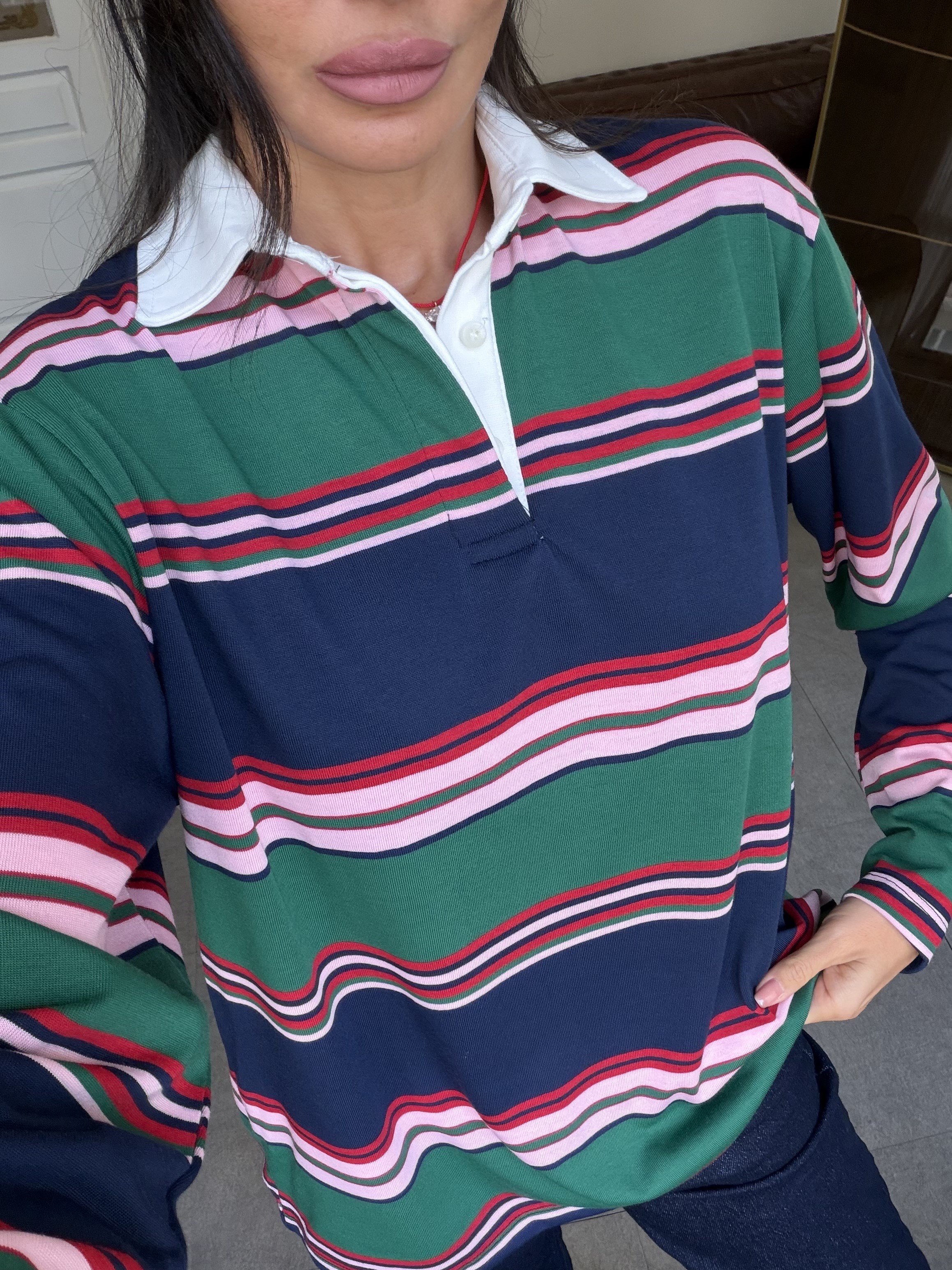 Lacivert-Yeşil Polo Yaka Uzun Kol Sweatshirt