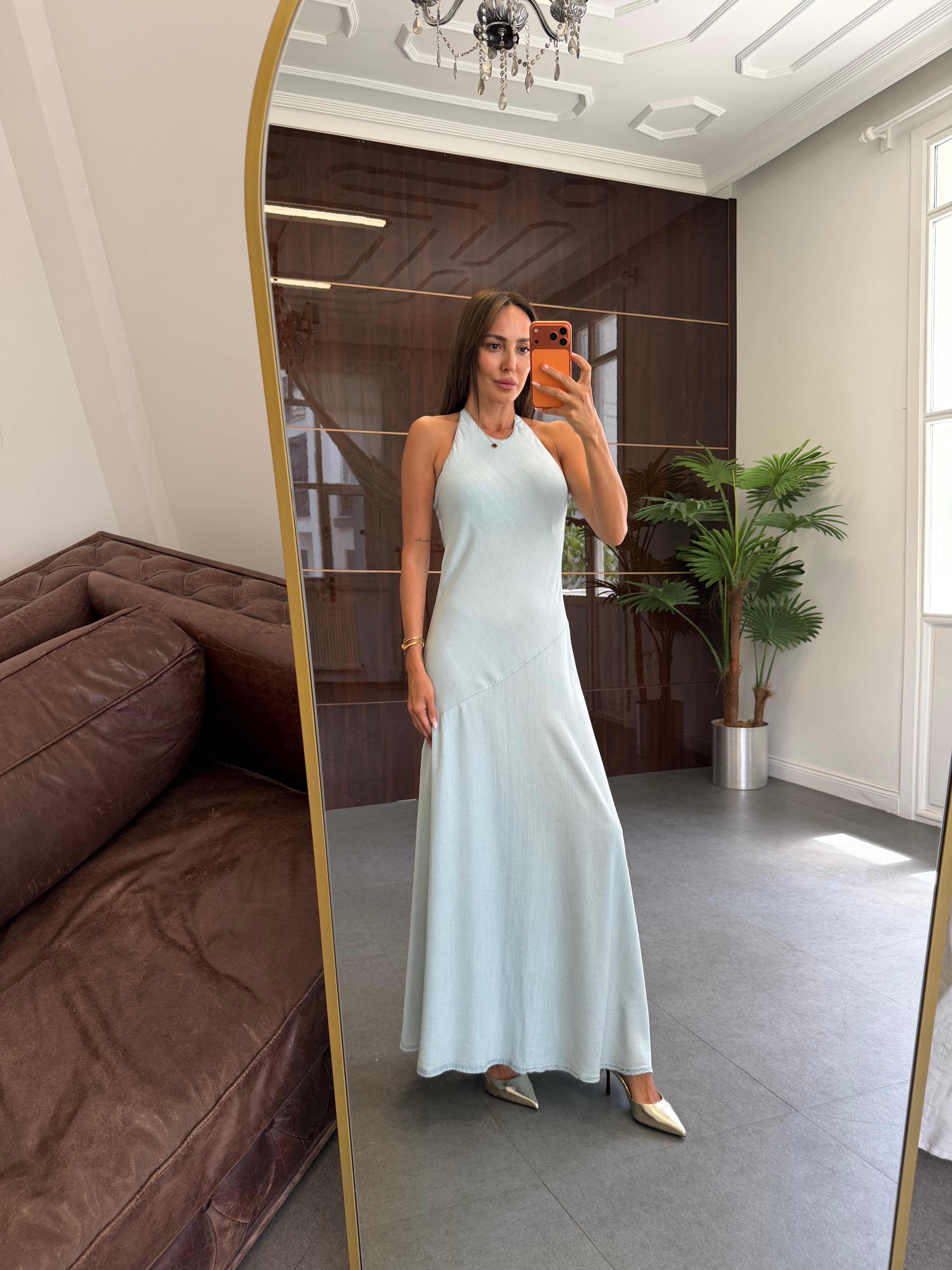 Mavi Çıtçıtlı Tencel Elbise