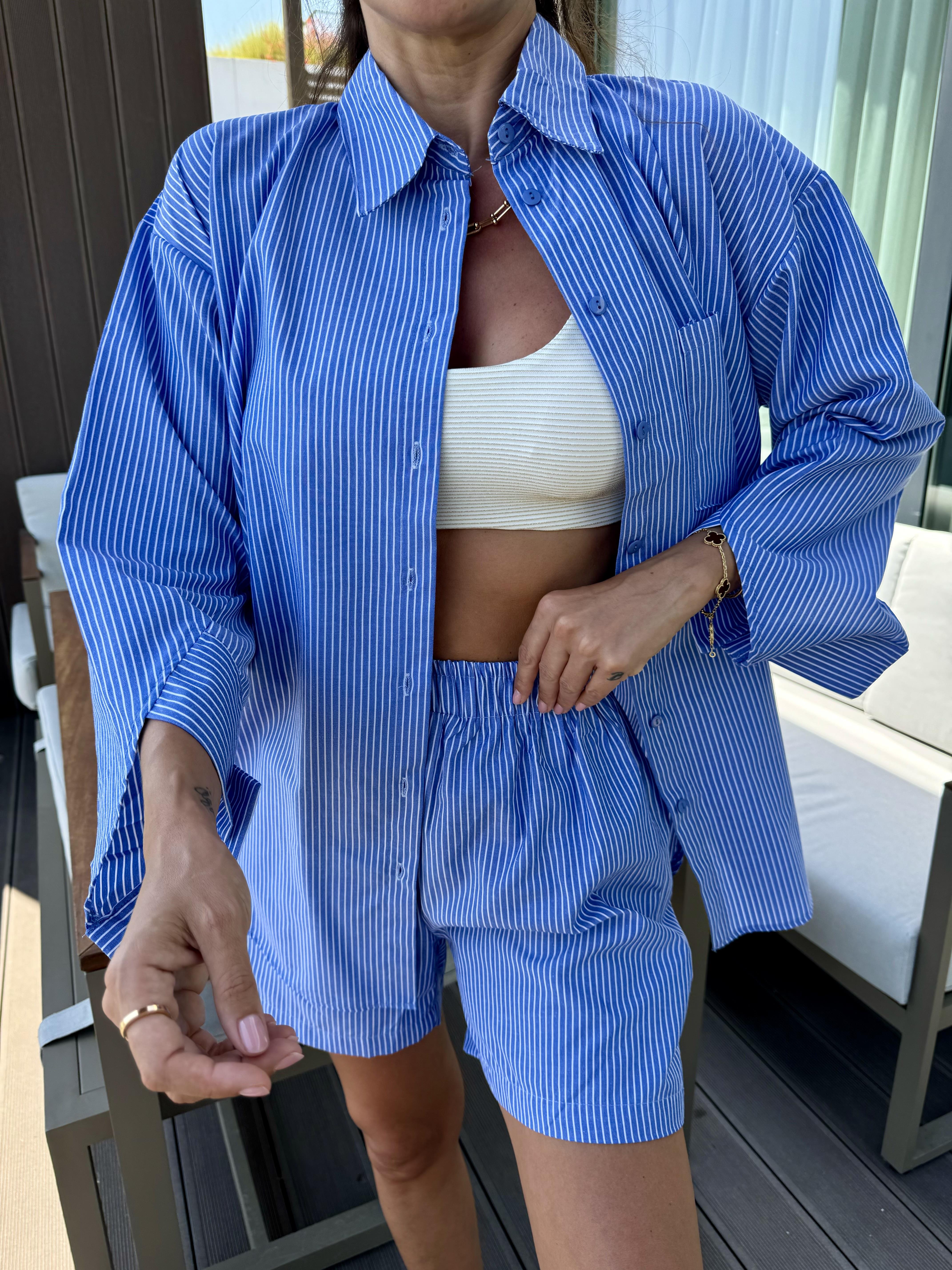Mavi Çizgili Gömlek Şort Takım