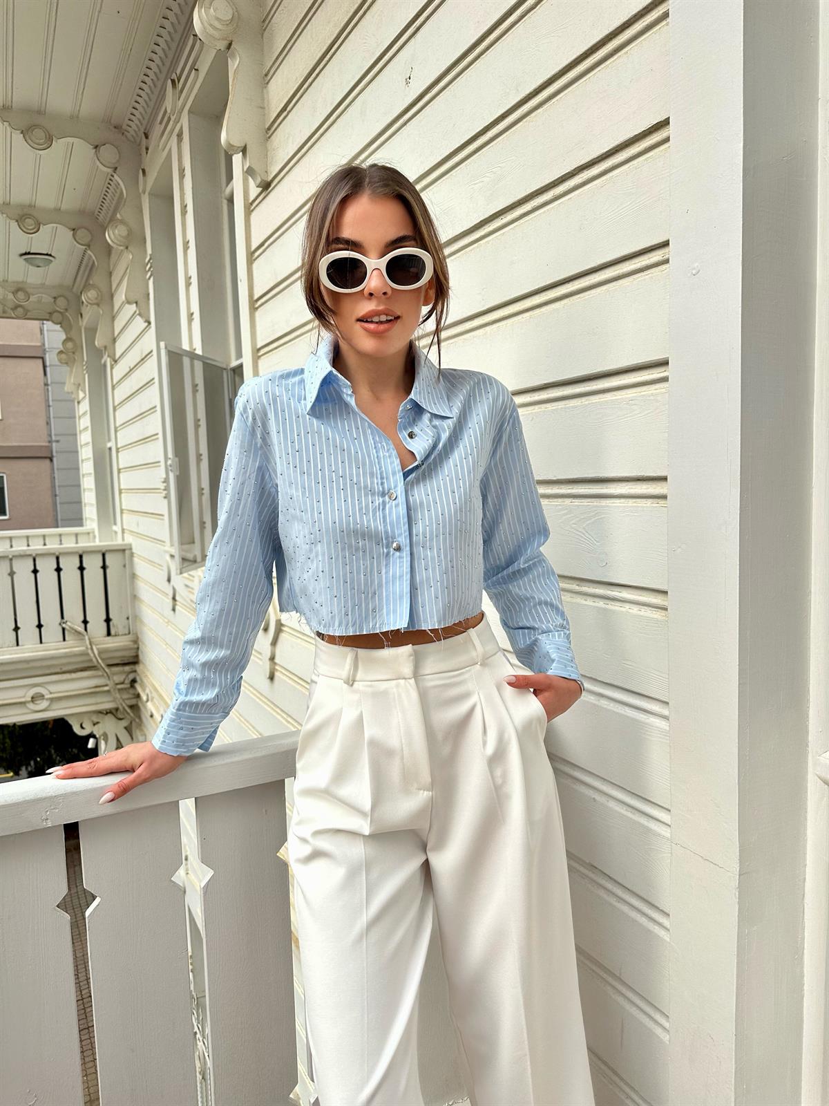 Mavi  Çizgili Taşlı Kısa Gömlek