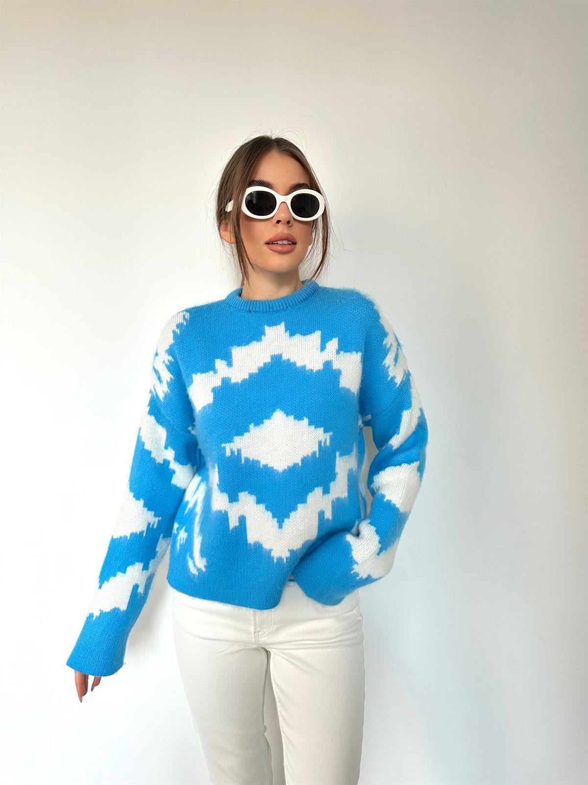 Mavi Desenli Kırçıllı Kazak