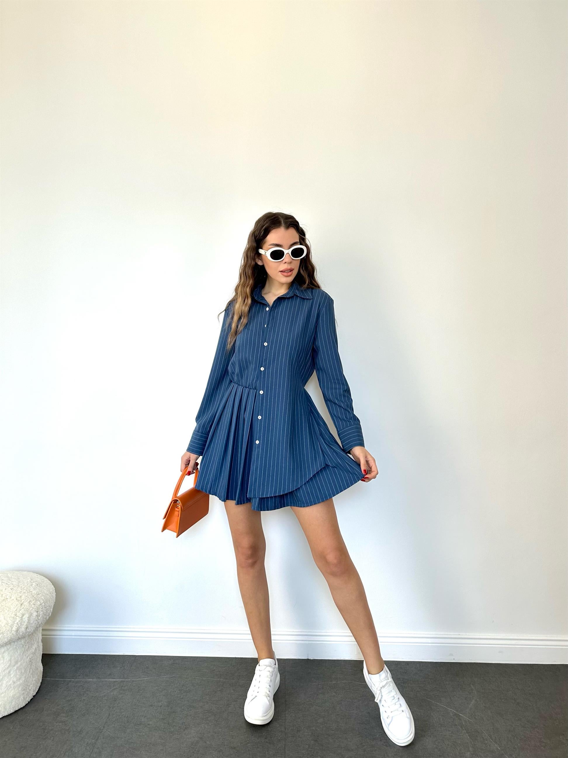 Mavi  Gömlek Yaka Çizgili Elbise