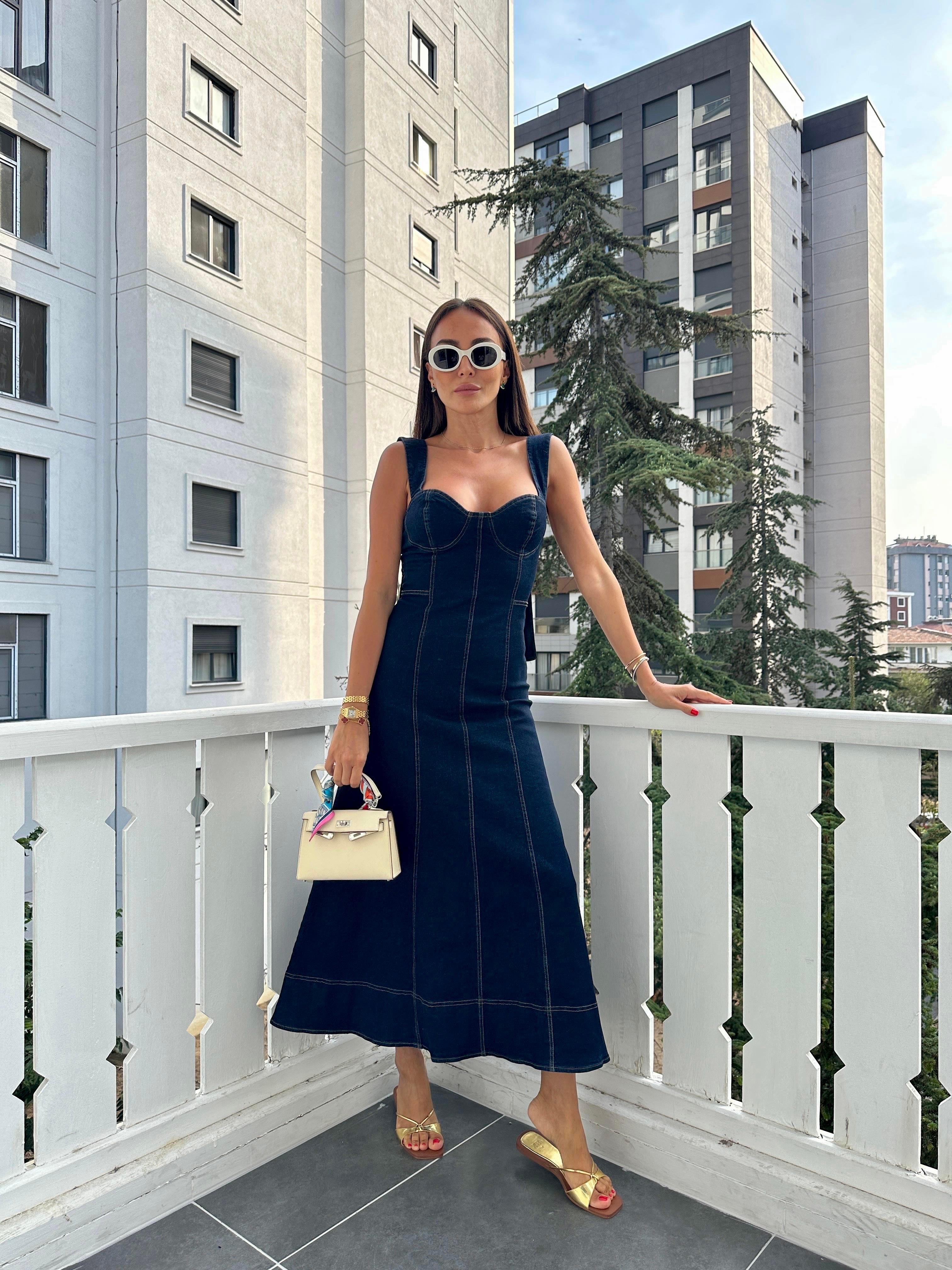 Mavi Kalın Askılı Jean Elbise