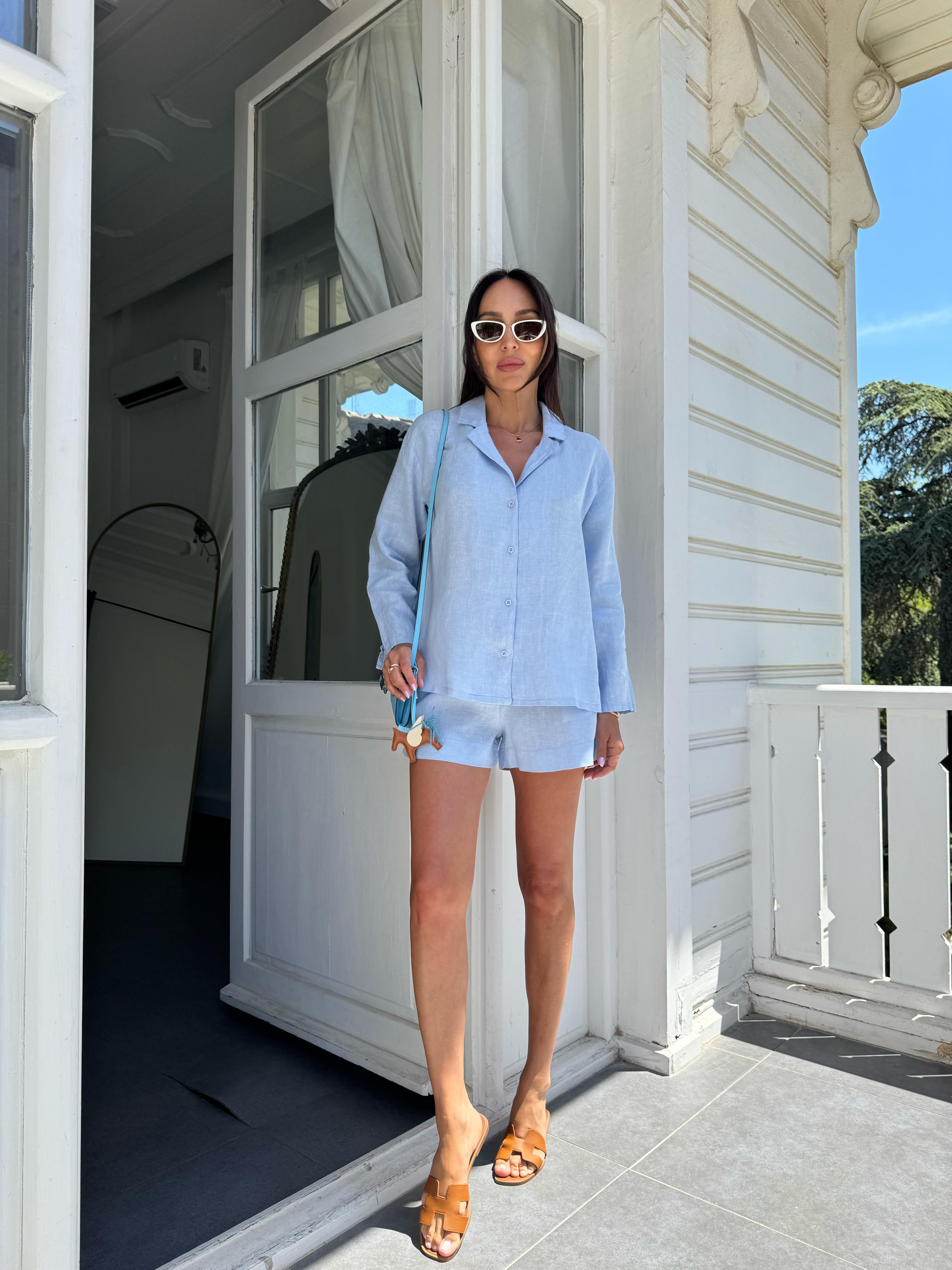 Mavi Keten Şortlu Takım