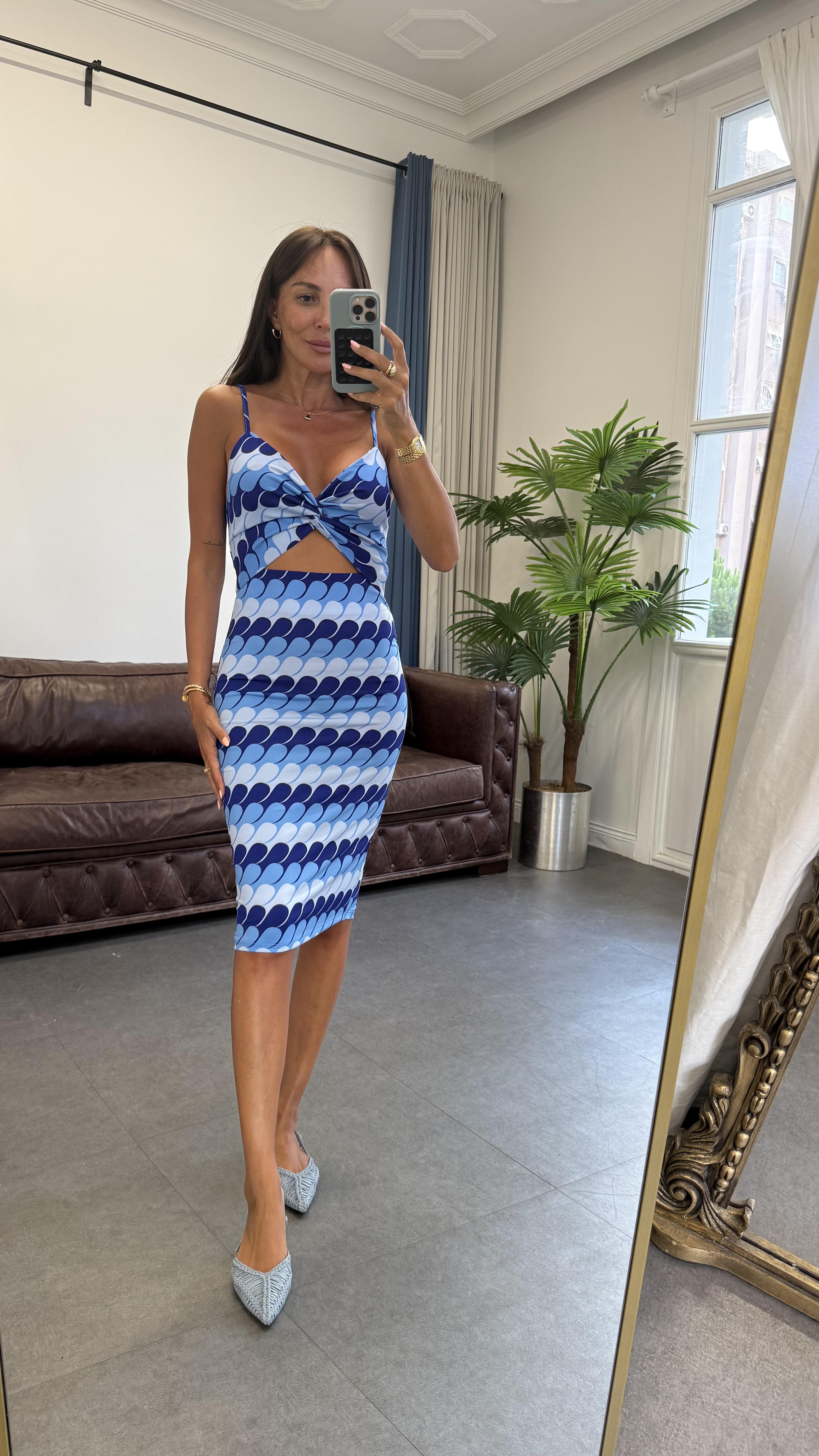 Mavi Önden Düğümlü Askılı Elbise