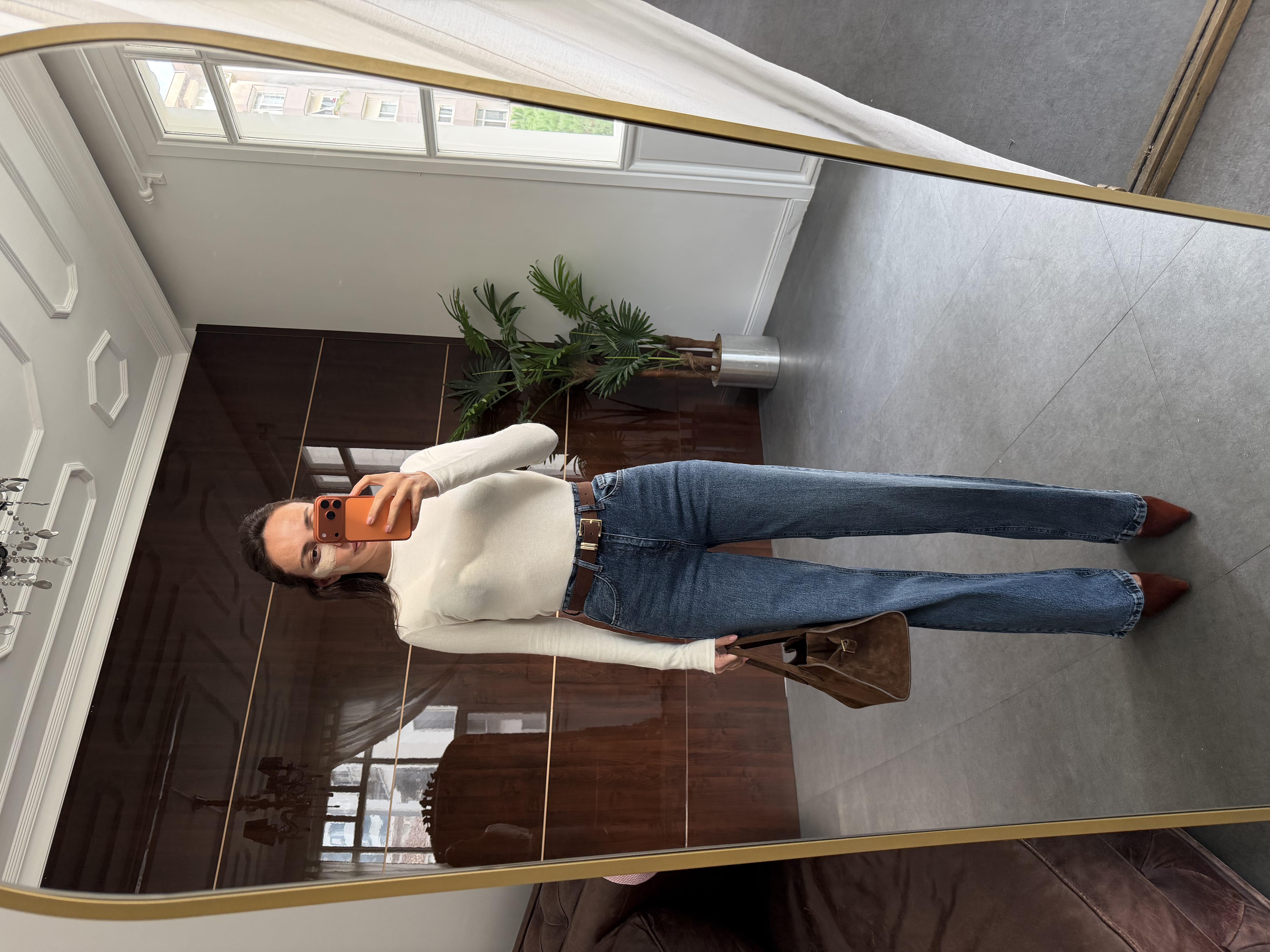 Mavi Süet Kemerli Wide-Leg Jean Pantolon