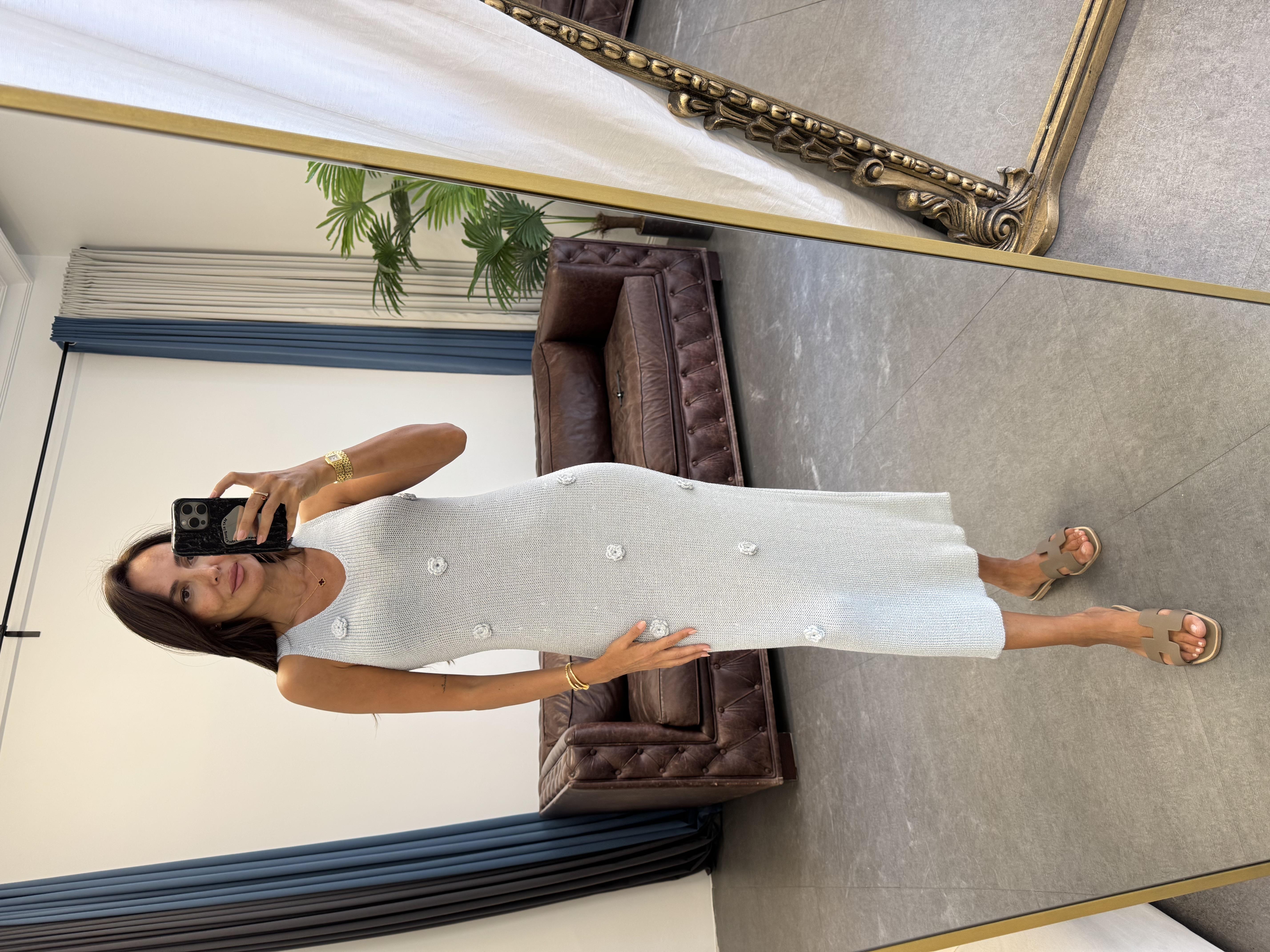 Mavi Triko Çiçek Motifli Elbise