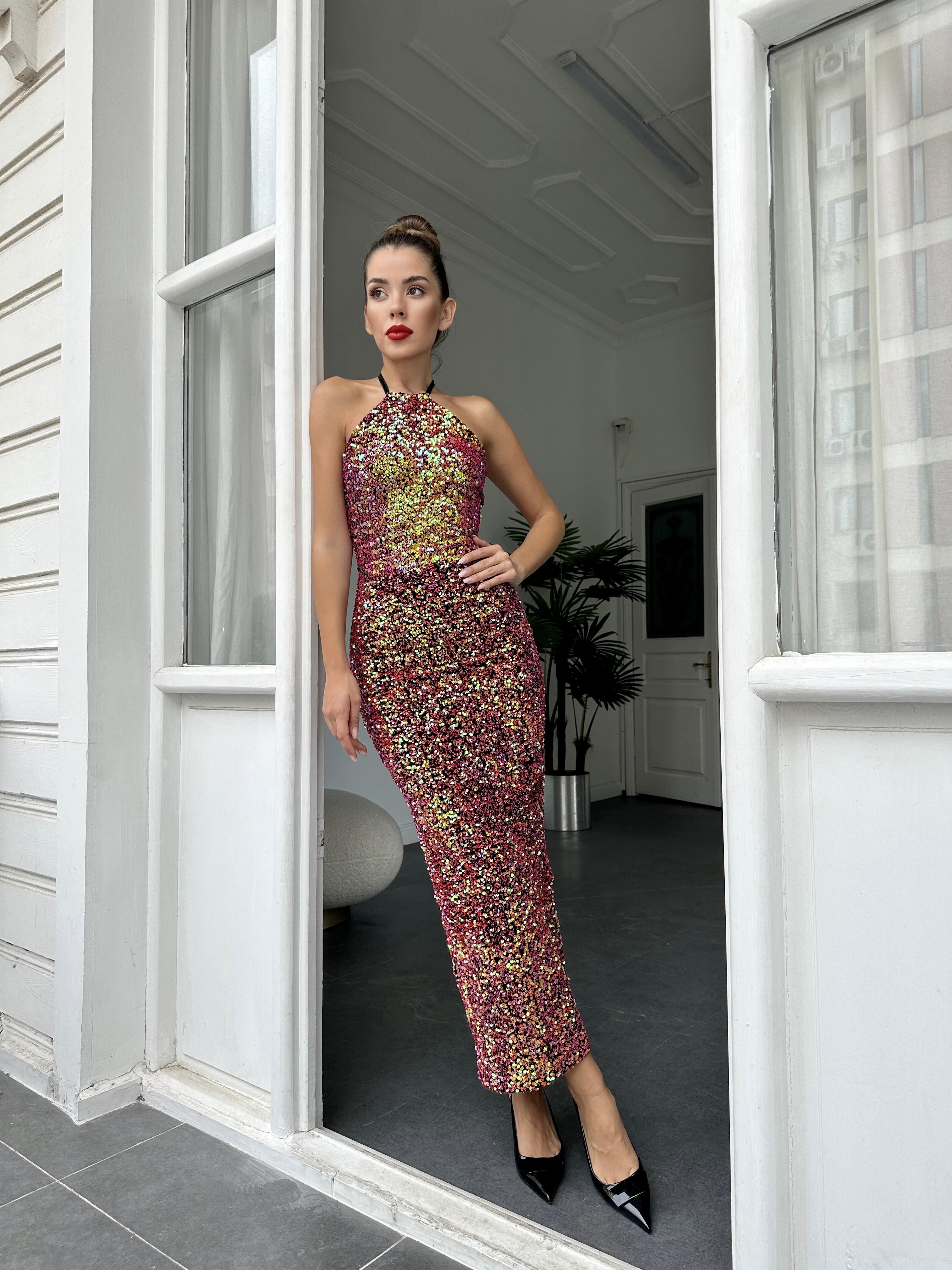 Mor Bağcıklı Pul Elbise