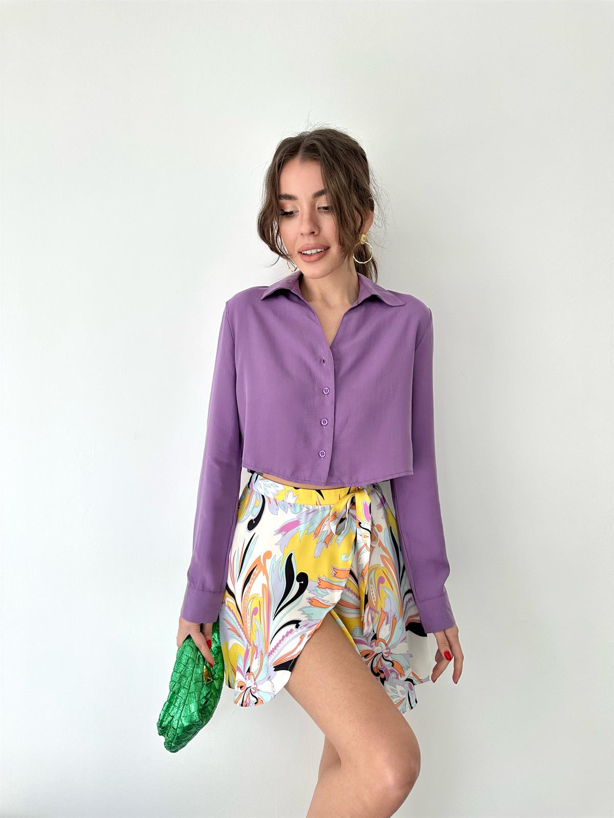 Mor  Önü Düğmeli Kısa Gömlek