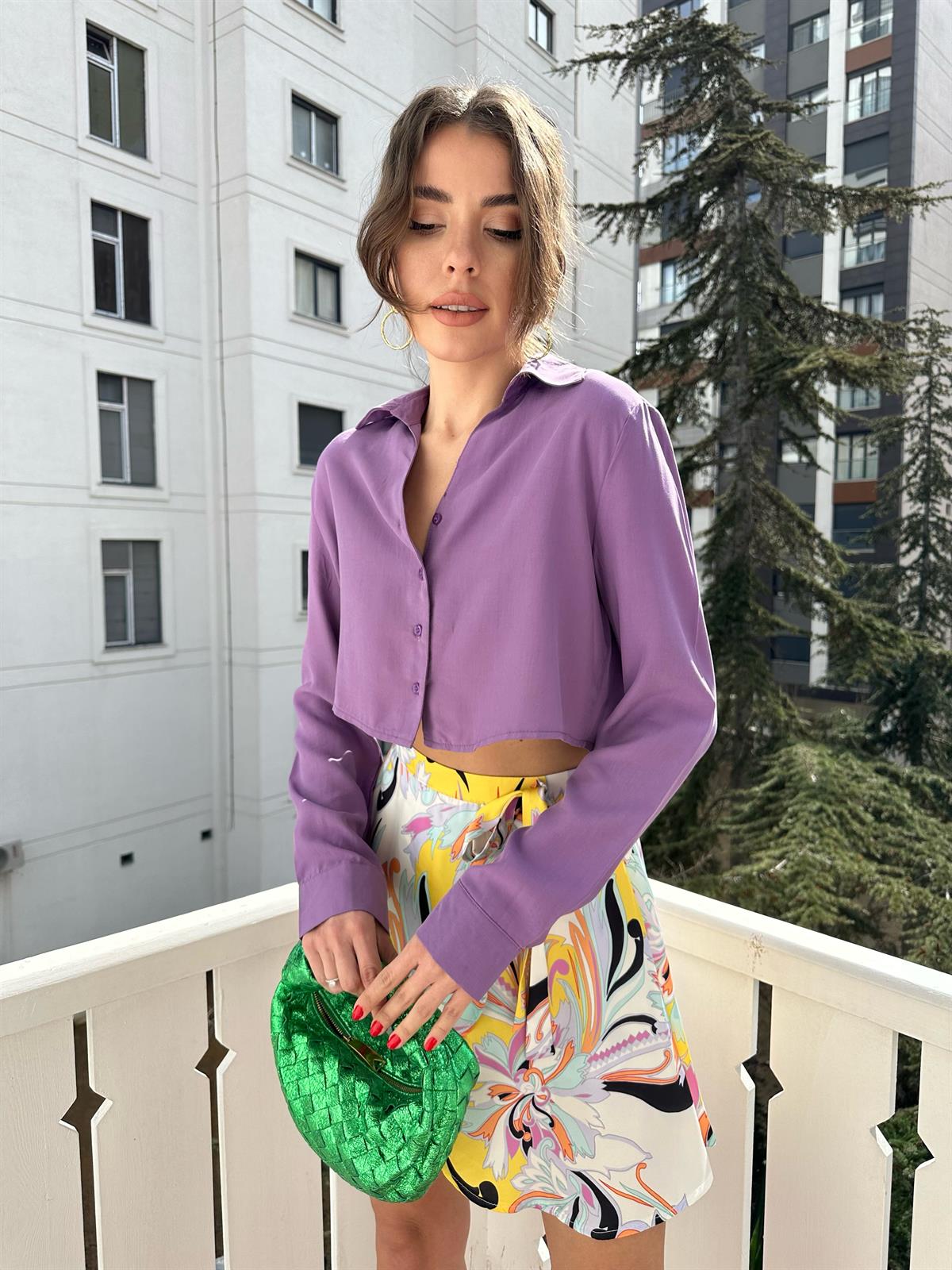 Mor Önü Düğmeli Kısa Gömlek · 9