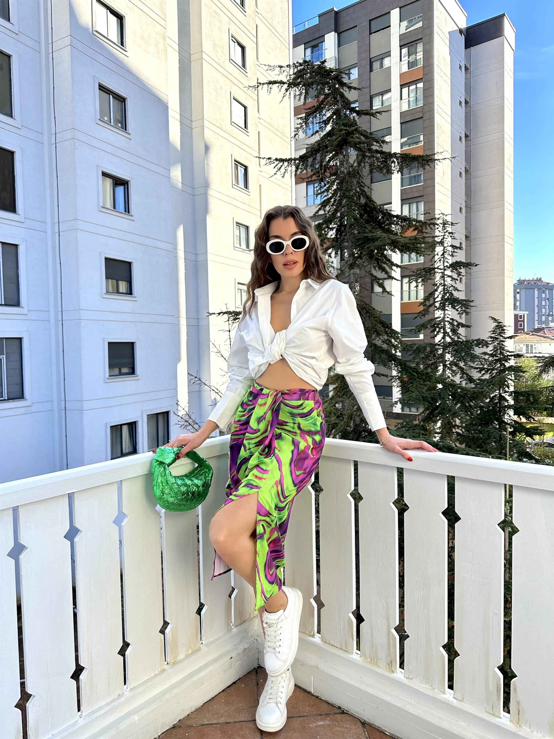 Neon Yeşil Desenli Midi Etek · 9
